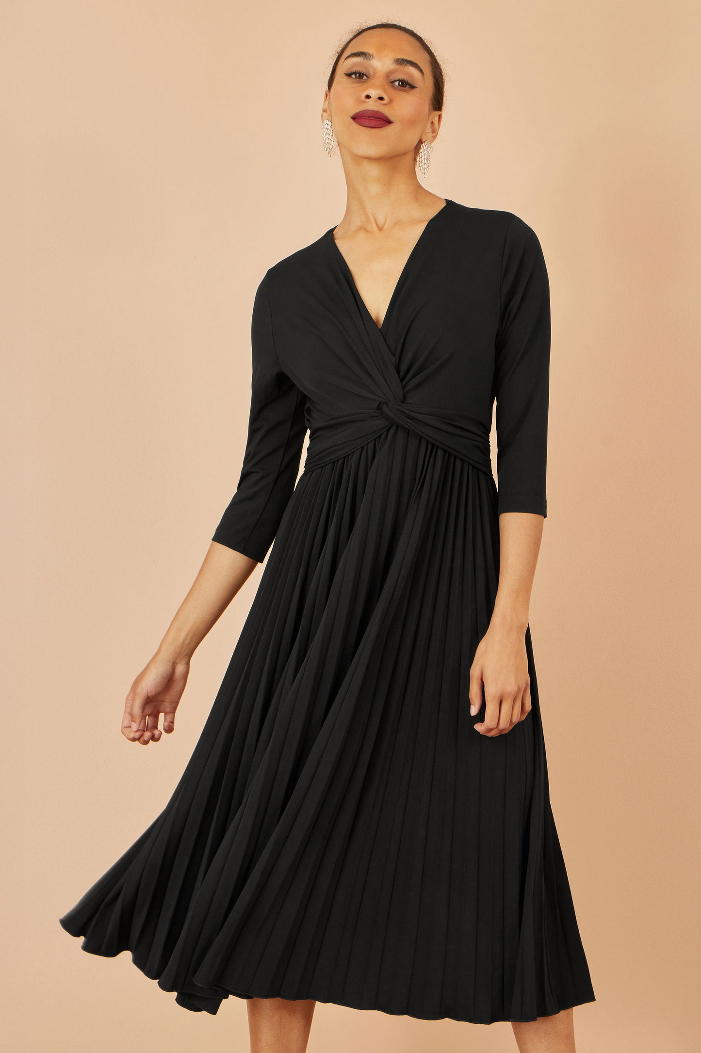 Yumi Black Jersey Knot Waist Pleated Midi Dress Dress Occasion Yumi