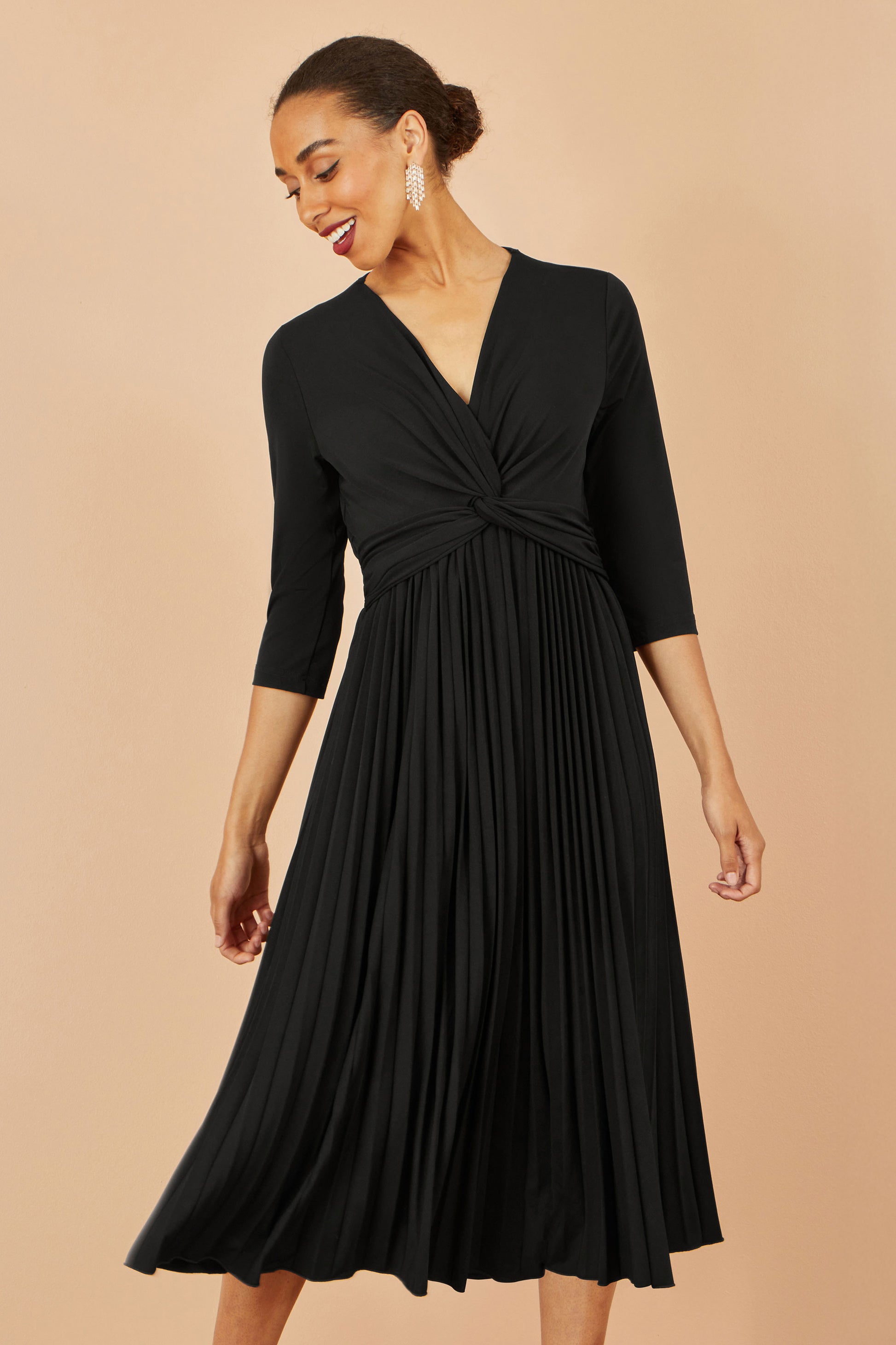 Yumi Black Jersey Knot Waist Pleated Midi Dress Dress Occasion Yumi