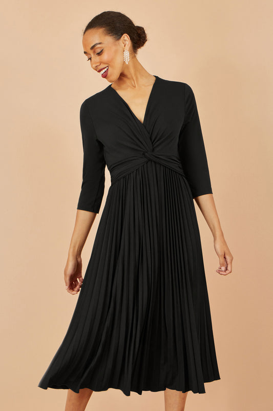 Yumi Black Jersey Knot Waist Pleated Midi Dress Dress Occasion Yumi