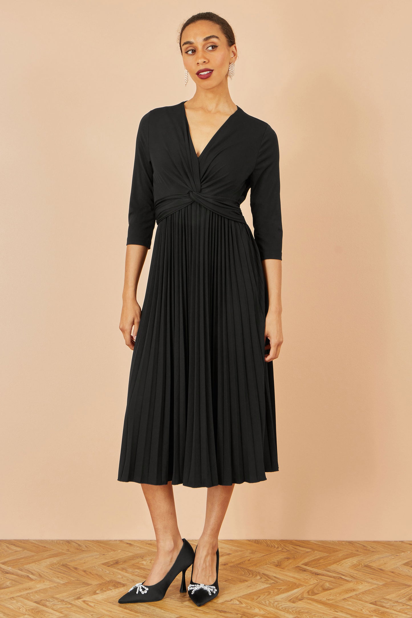 Yumi Black Jersey Knot Waist Pleated Midi Dress Dress Occasion Yumi
