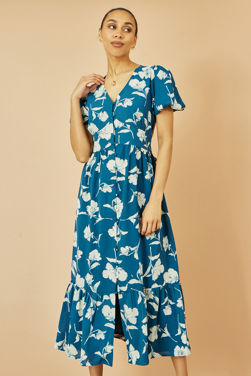 Yumi Teal Floral Button Down Floral Midi Dress Dress Casual Yumi