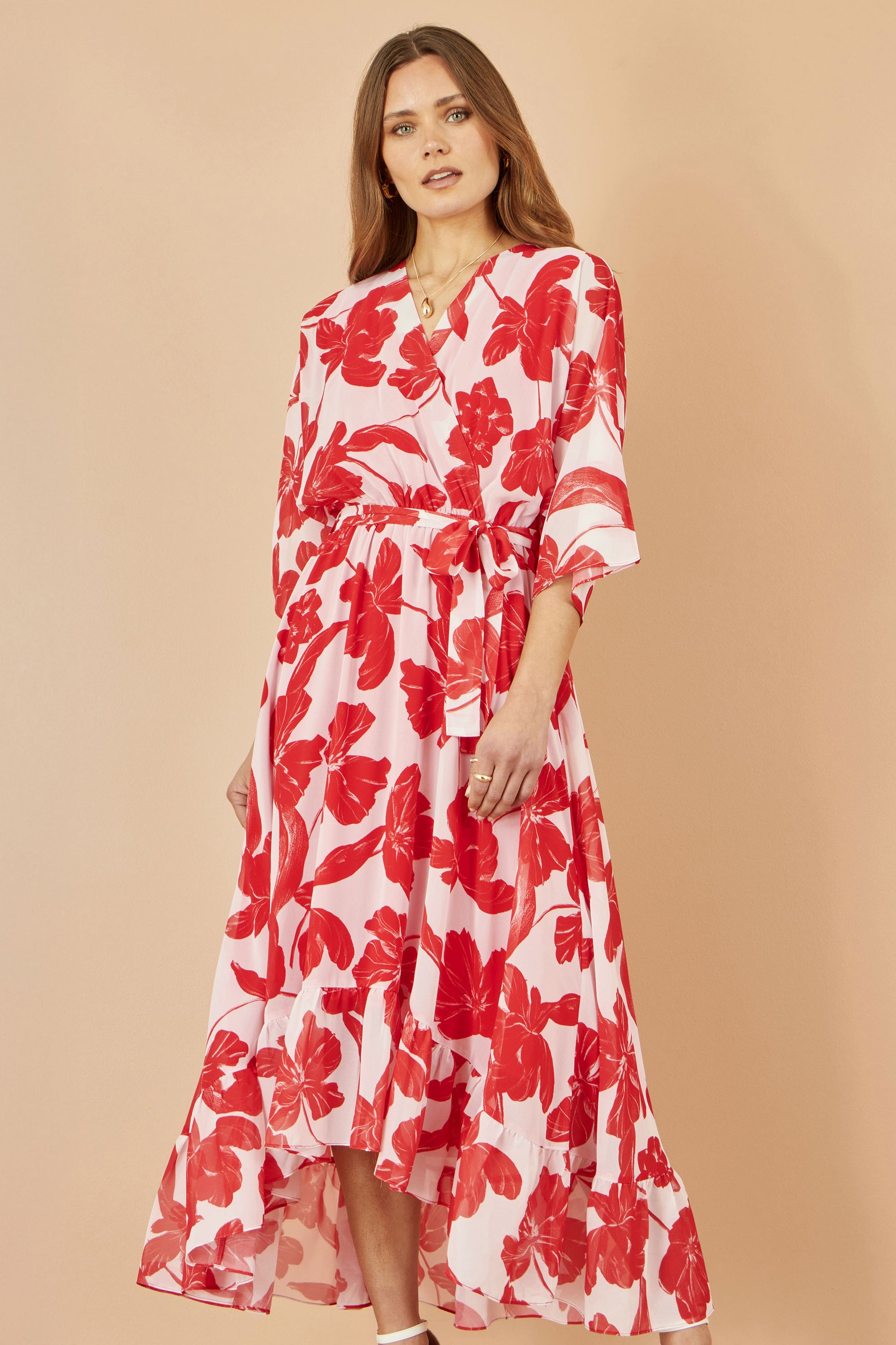 Yumi Red Kimono Sleeves Dip Hem Wrap Midi Dress Occasionwear Yumi