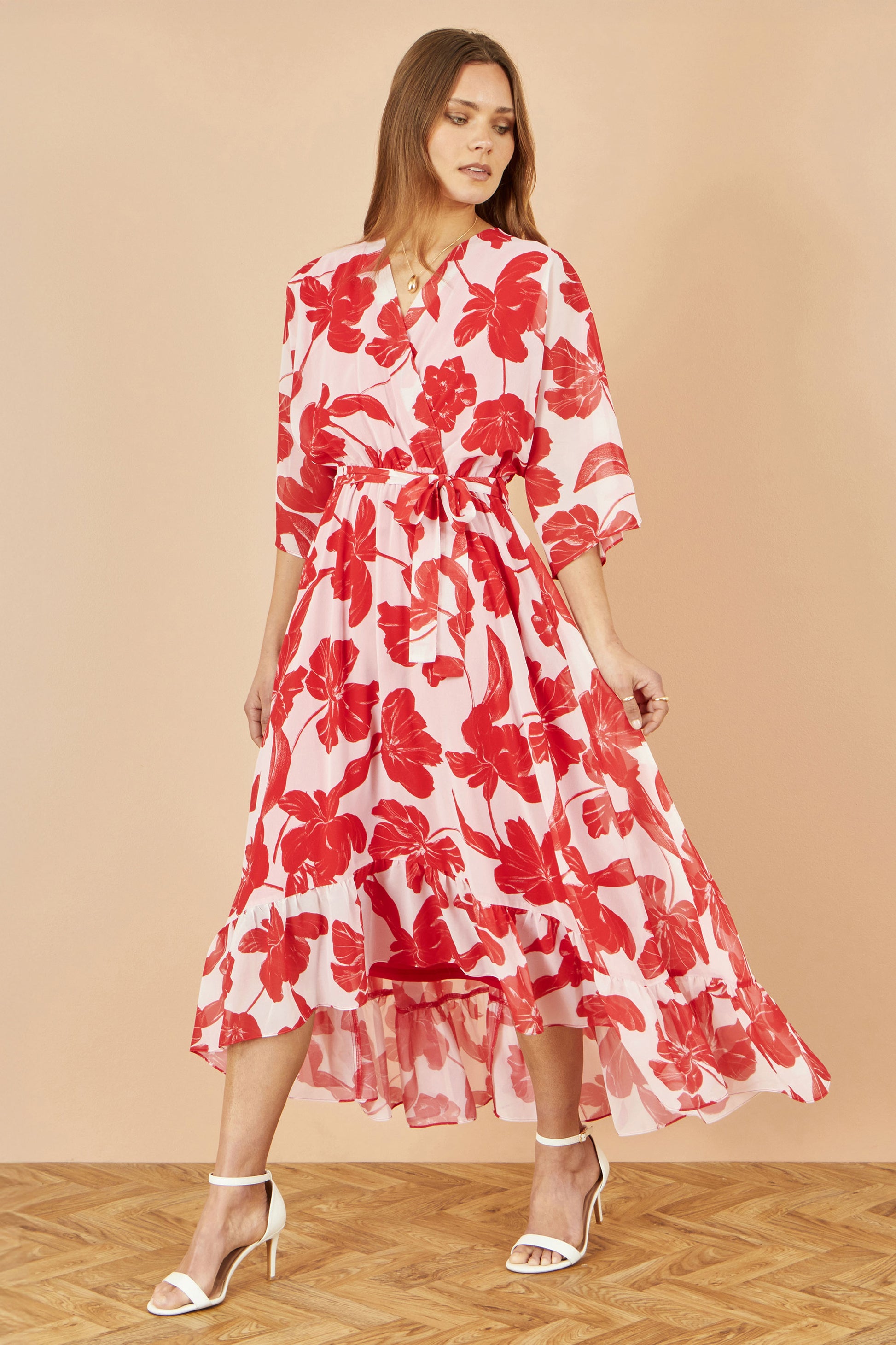 Yumi Red Kimono Sleeves Dip Hem Wrap Midi Dress Occasionwear Yumi