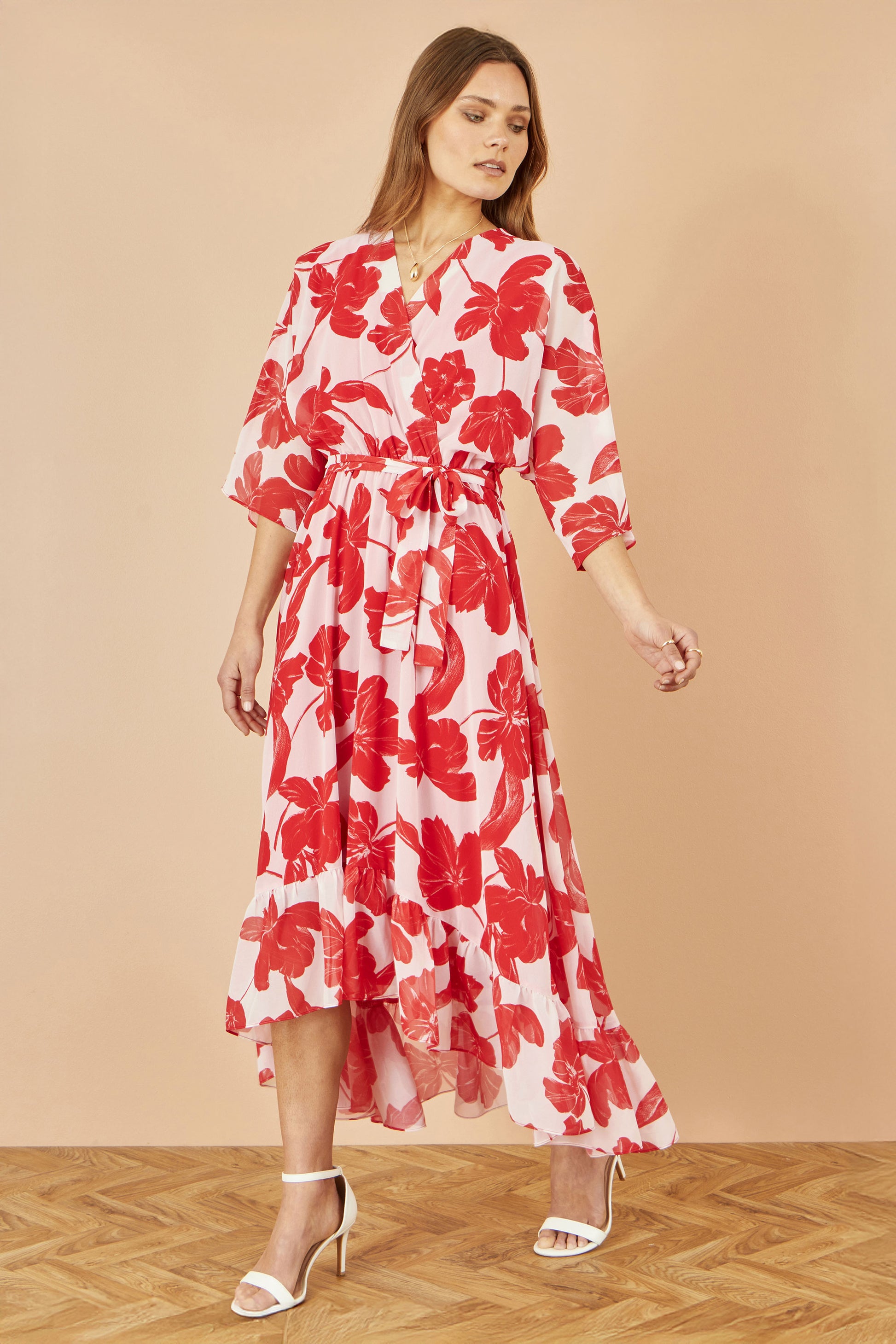 Yumi Red Kimono Sleeves Dip Hem Wrap Midi Dress Occasionwear Yumi