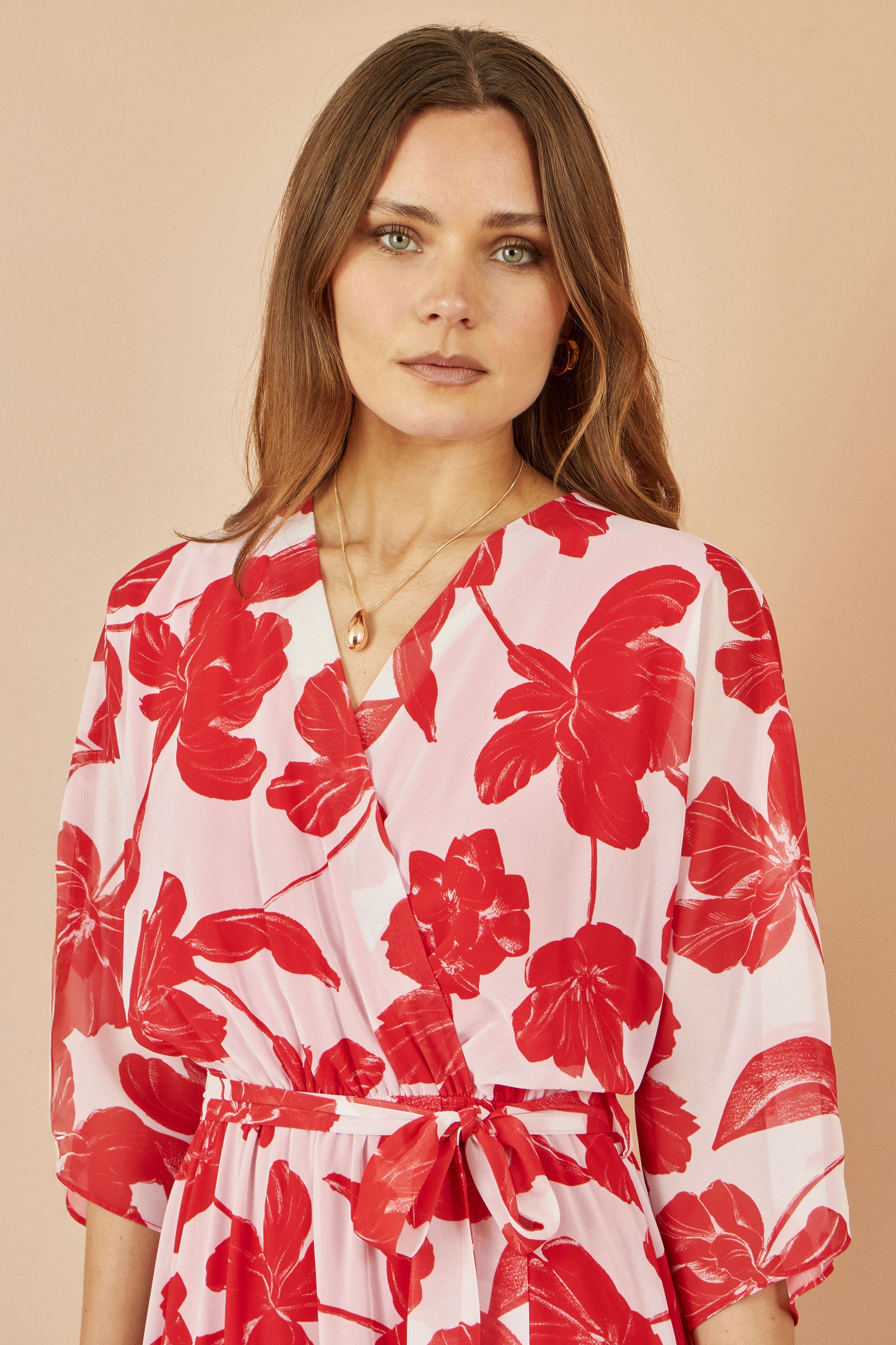 Yumi Red Kimono Sleeves Dip Hem Wrap Midi Dress Occasionwear Yumi