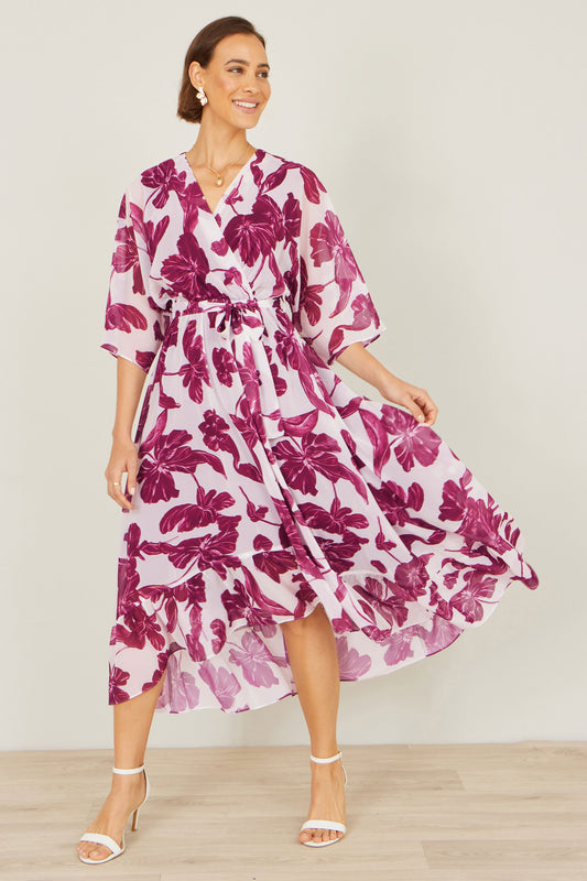 Yumi Pink Kimono Sleeves Midi Dip Hem Wrap Midi Dress Dress Occasion Yumi