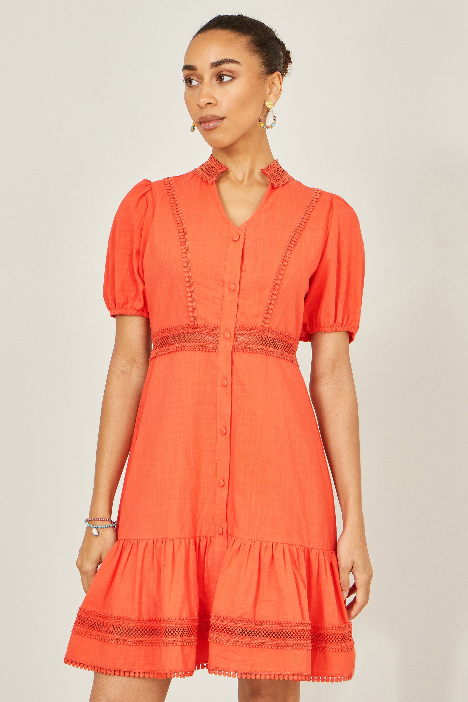 Yumi Orange Cotton Lace Trim Skater Shirt Dress Beachwear Yumi