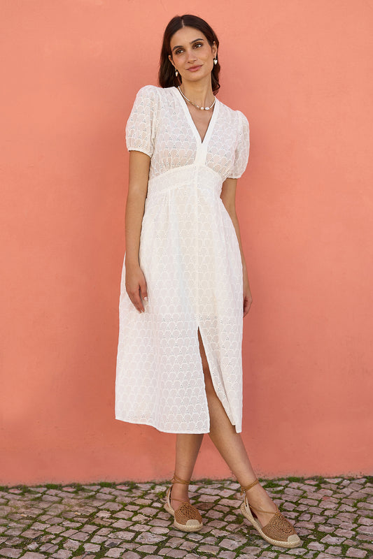 Yumi White Broderie Anglaise Midi Dress With Split Hemline Beachwear Yumi