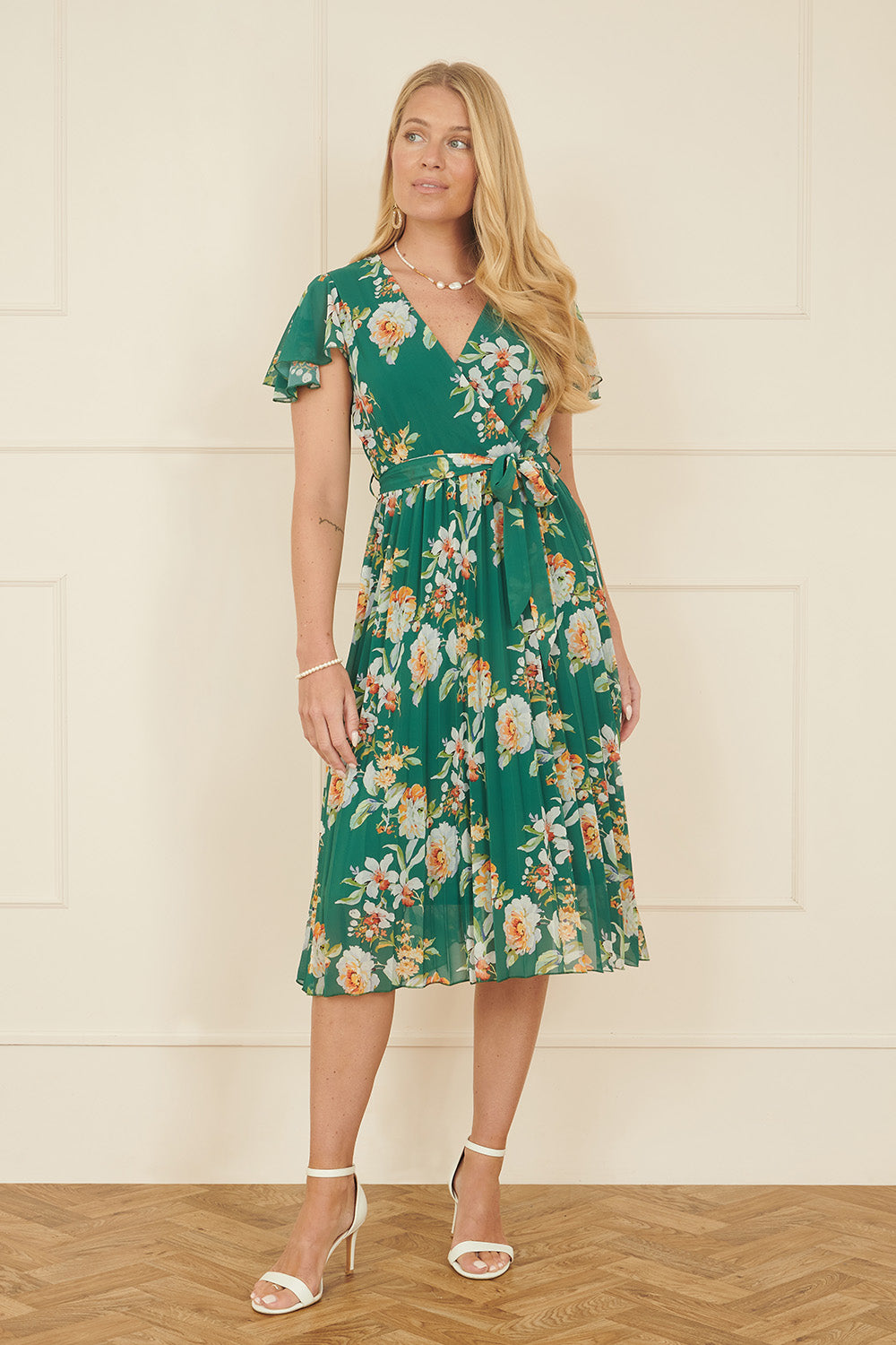 Yumi Green Floral Pleated Wrap Dress Occasionwear Yumi