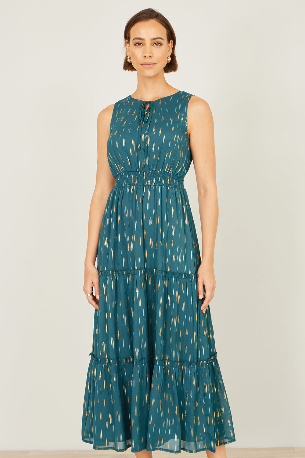 Yumi Teal Foil Print Ruched Waist Midi Dress With Tie Notch Neckline Dress Occasion Yumi