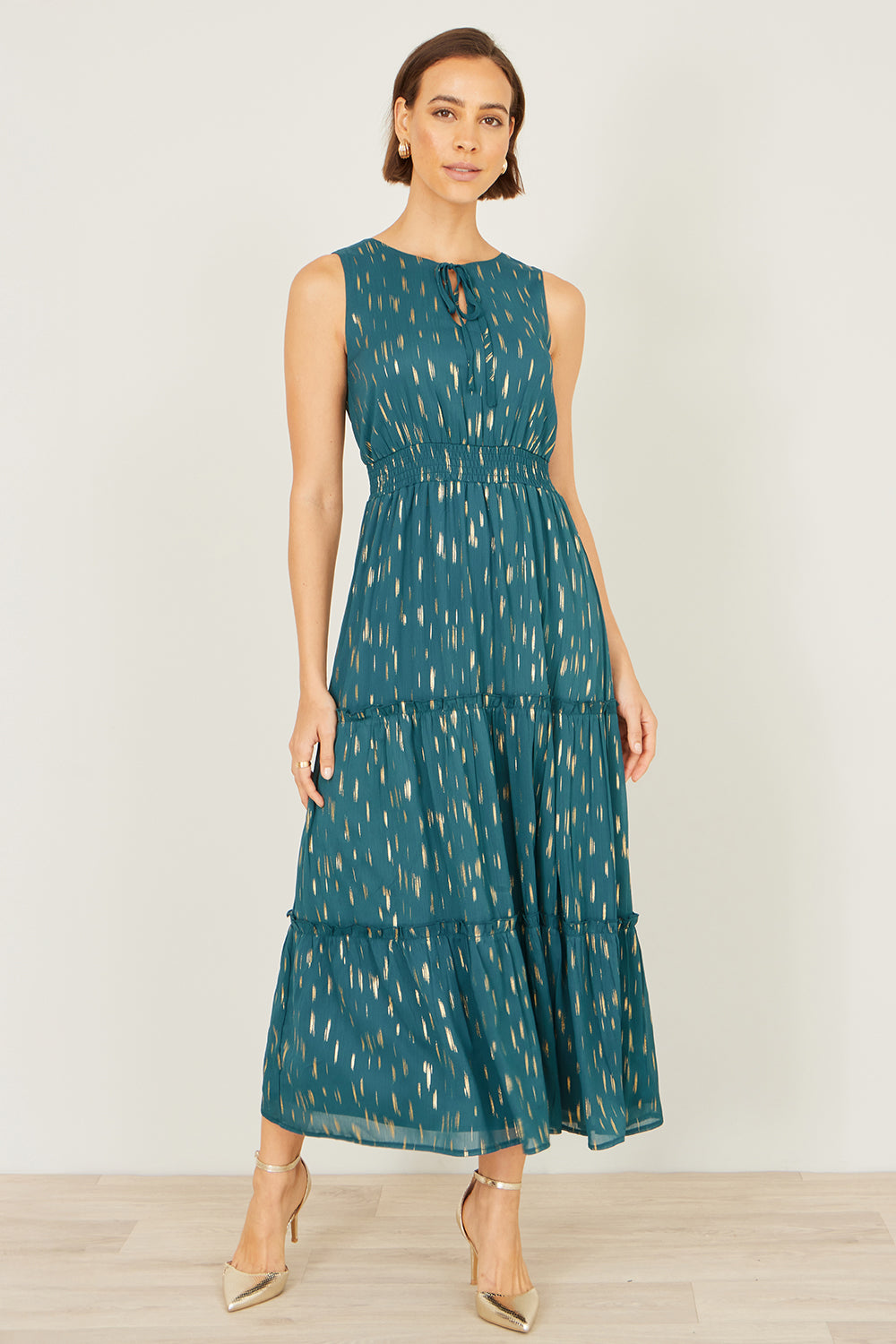 Yumi Teal Foil Print Ruched Waist Midi Dress With Tie Notch Neckline Dress Occasion Yumi