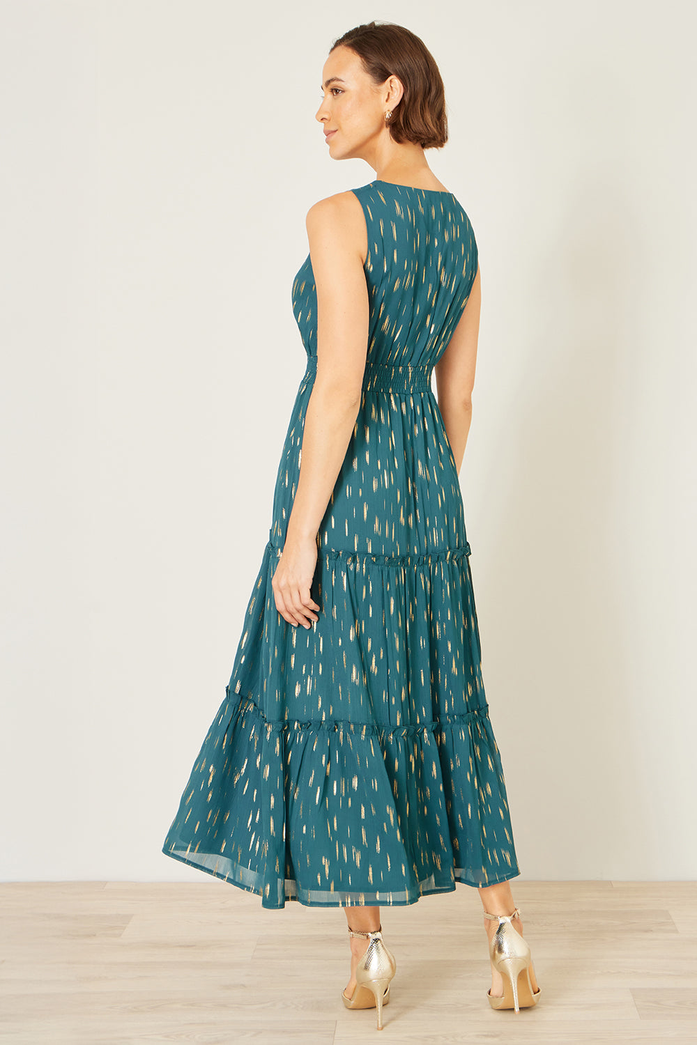 Yumi Teal Foil Print Ruched Waist Midi Dress With Tie Notch Neckline Dress Occasion Yumi