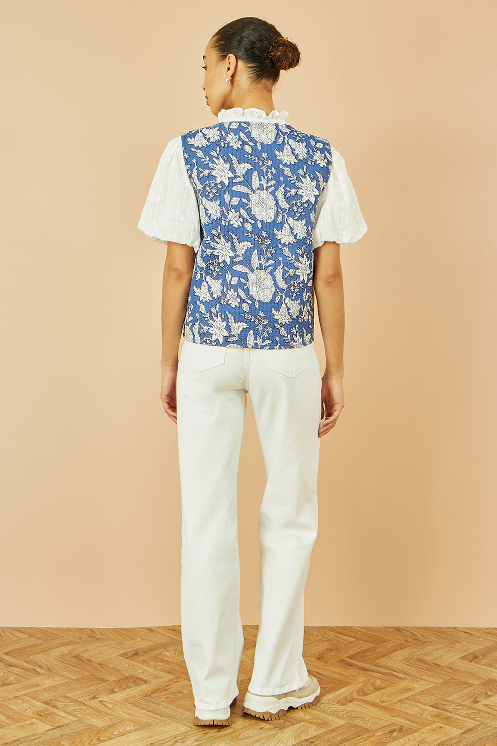 Yumi Blue Floral Reversible Cotton Quilted Waistcoat WAISTCOAT Yumi