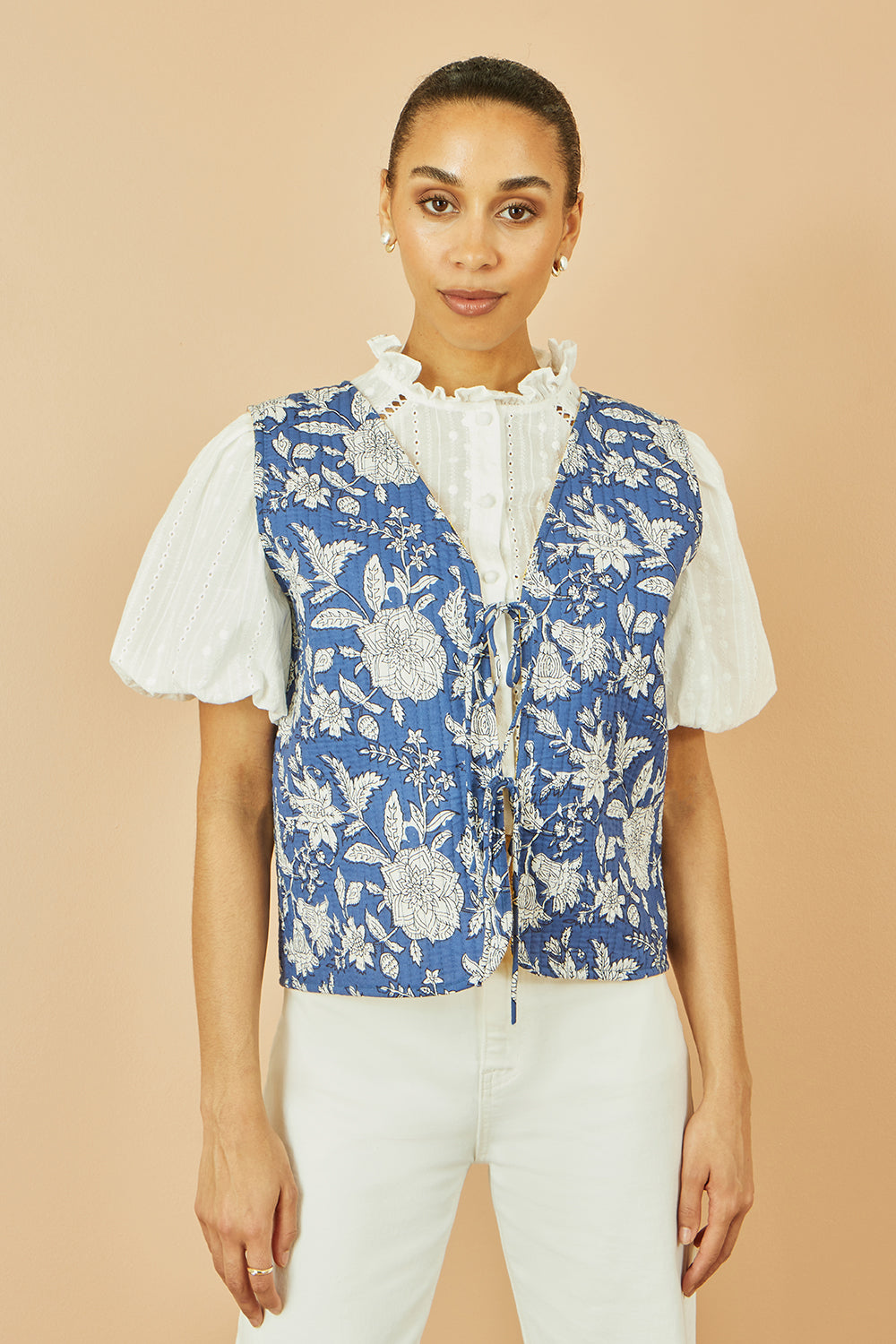 Yumi Blue Floral Reversible Cotton Quilted Waistcoat WAISTCOAT Yumi