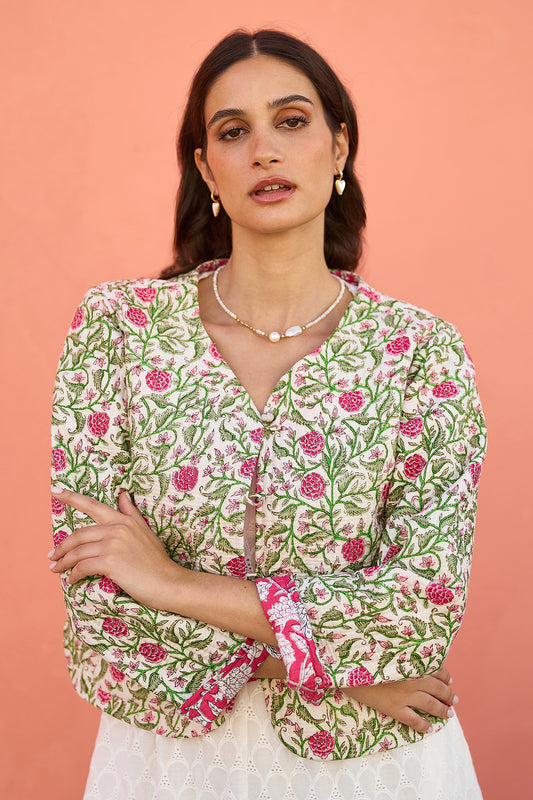 Yumi Pink Floral Reversible Cotton Quilted Jacket JACKET Yumi