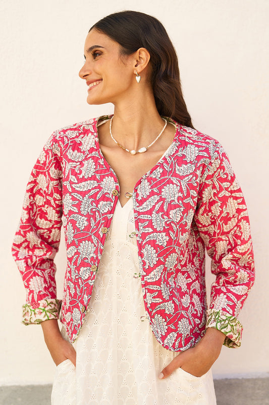 Yumi Pink Floral Reversible Cotton Quilted Jacket JACKET Yumi