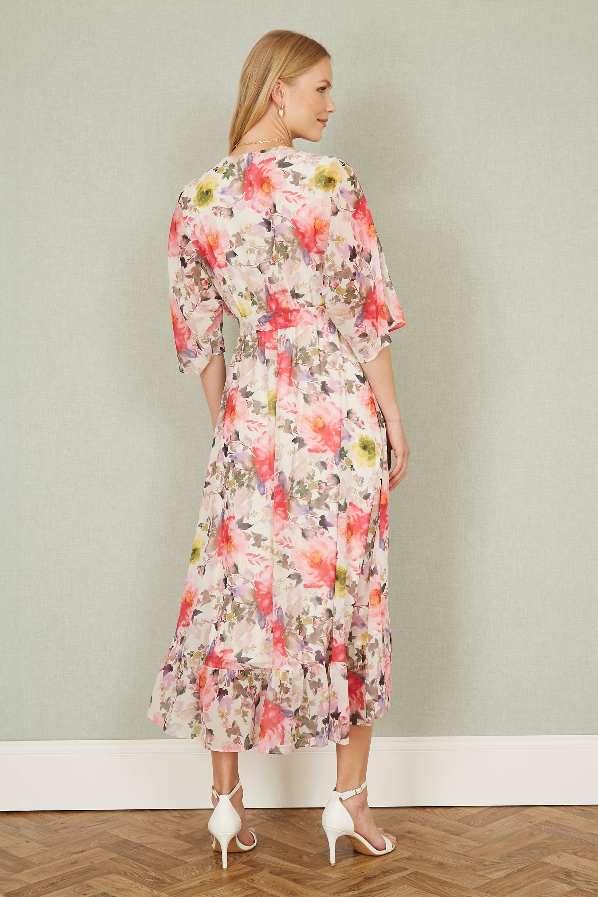 Yumi Ivory Vintage Floral Wrap Midi Dress With Frill Occasionwear Yumi