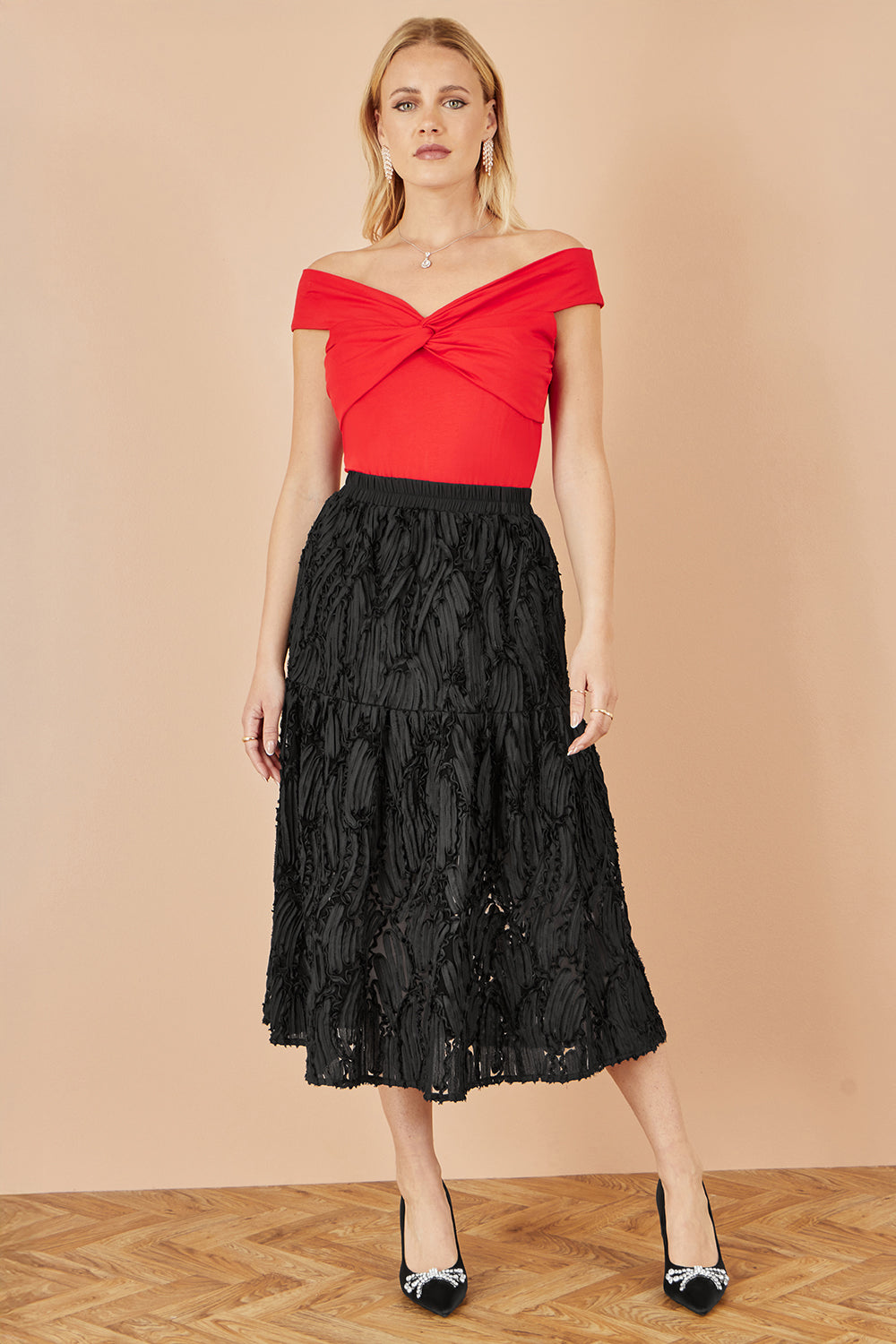 Yumi Red Jersey Cotton Bardot Top With Knot Detail Top Yumi
