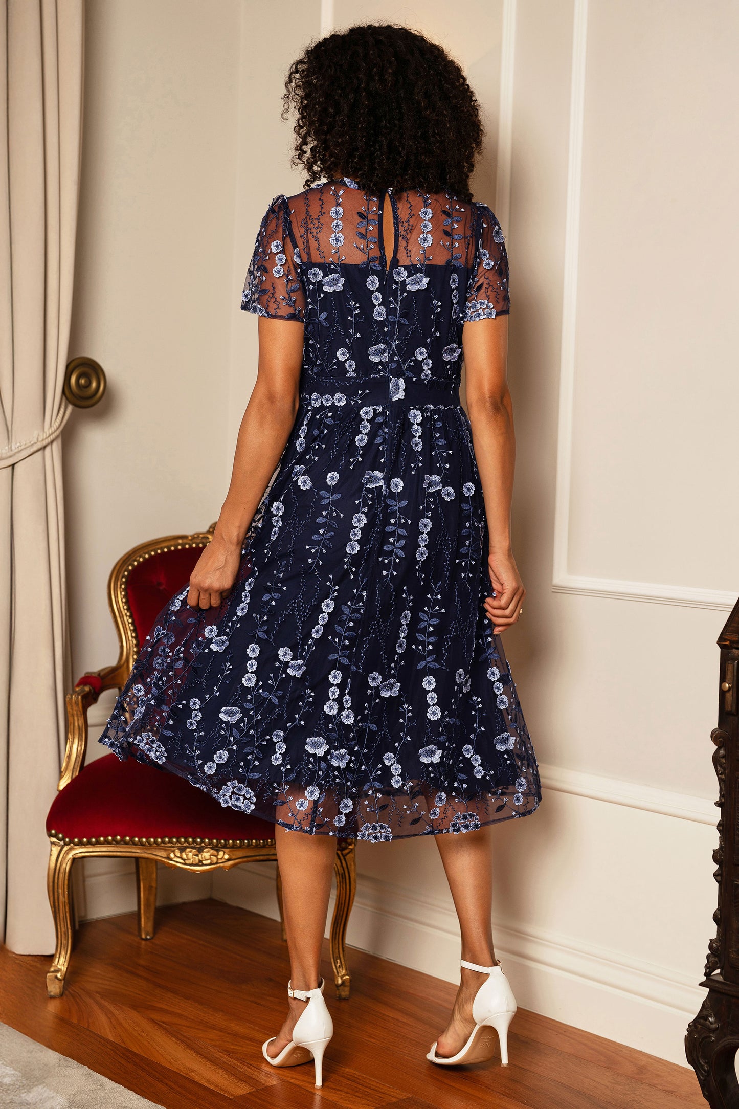 Yumi Navy Embroidered Mesh Midi Dress Dress Occasion Yumi