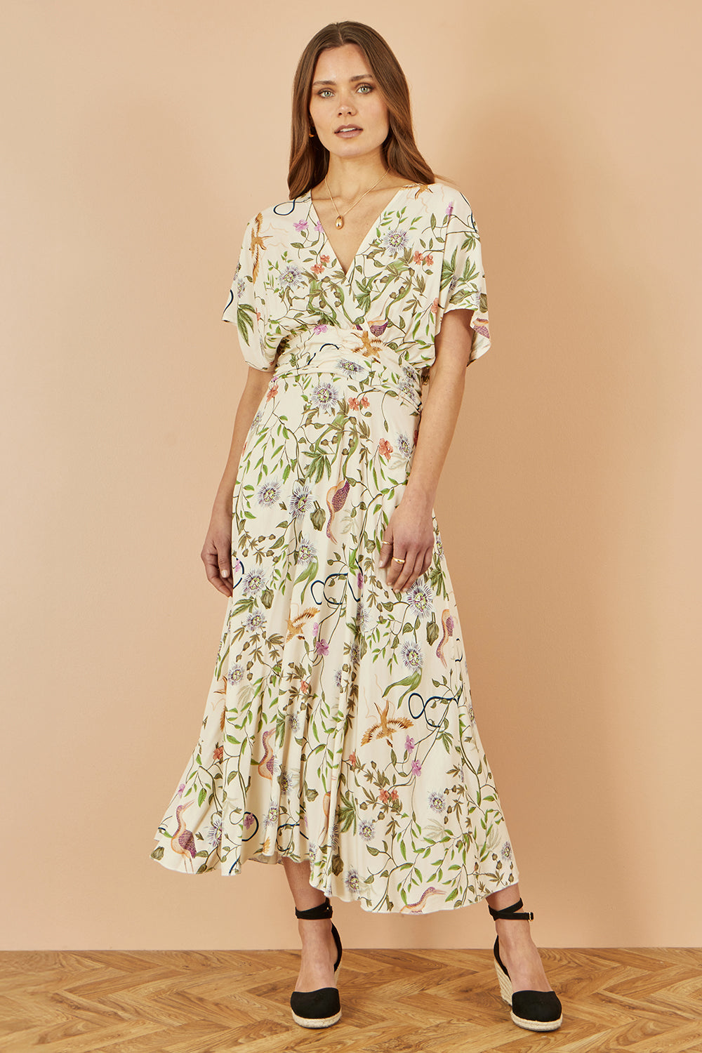 midi dress with kimono sleeve Yumi Women's Ruched Waist Get Rsvp ready this season in this green dress Bright Pleated Midi Dress -