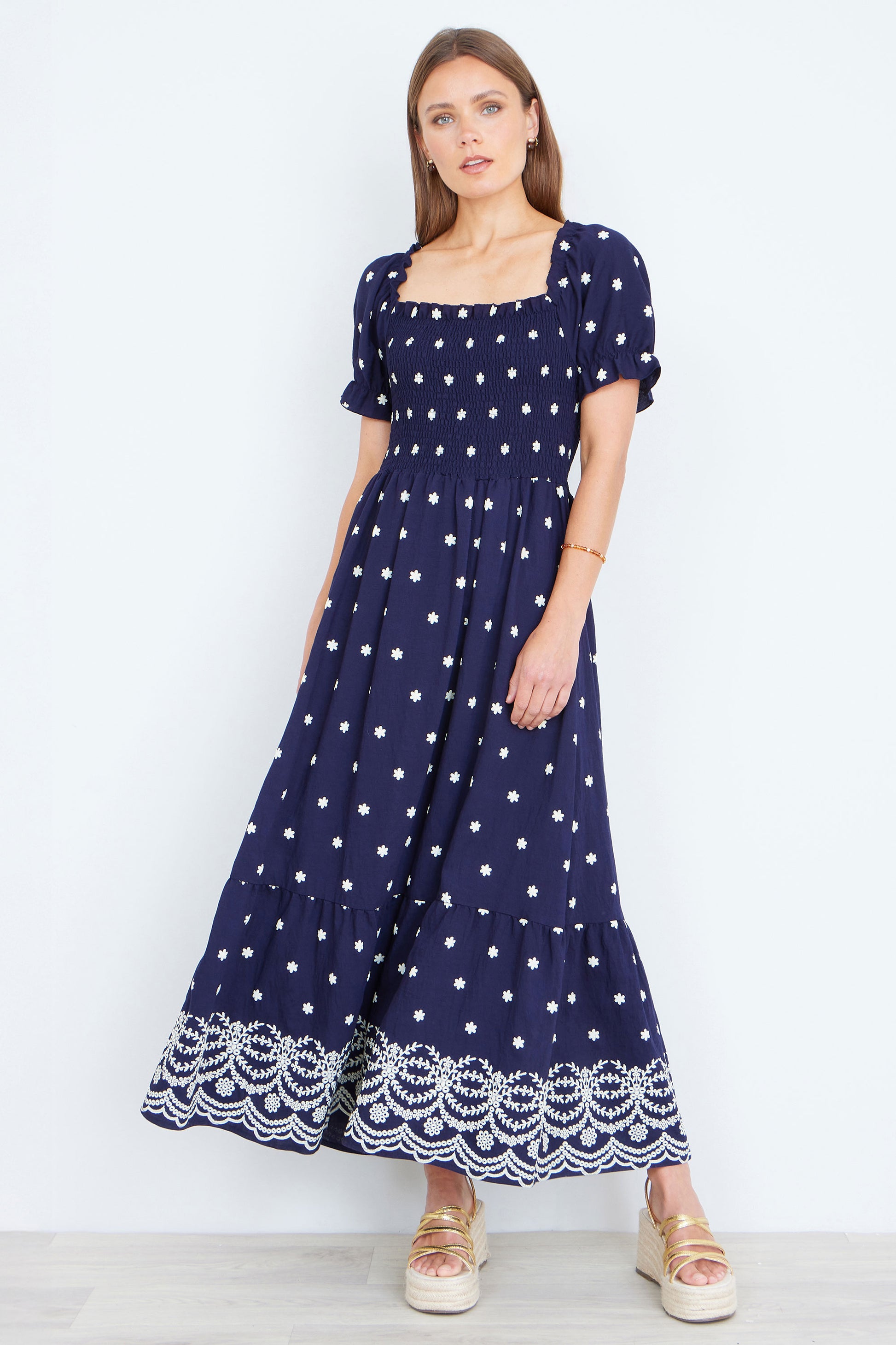 Yumi Women's Border Hemline Smocked Maxi Dress