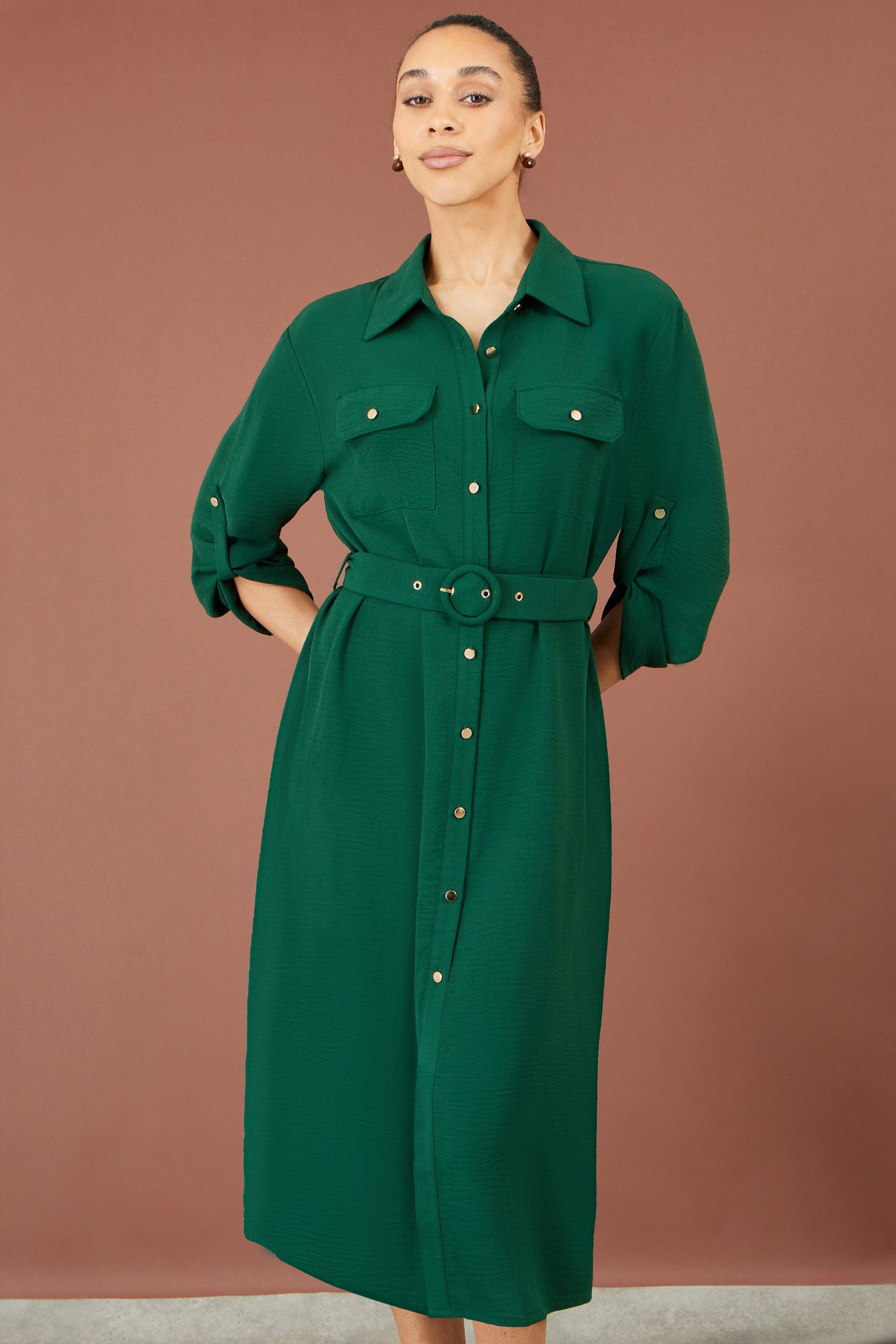 Yumi Green Stretch Midi Shirt Dress Dress Casual Yumi