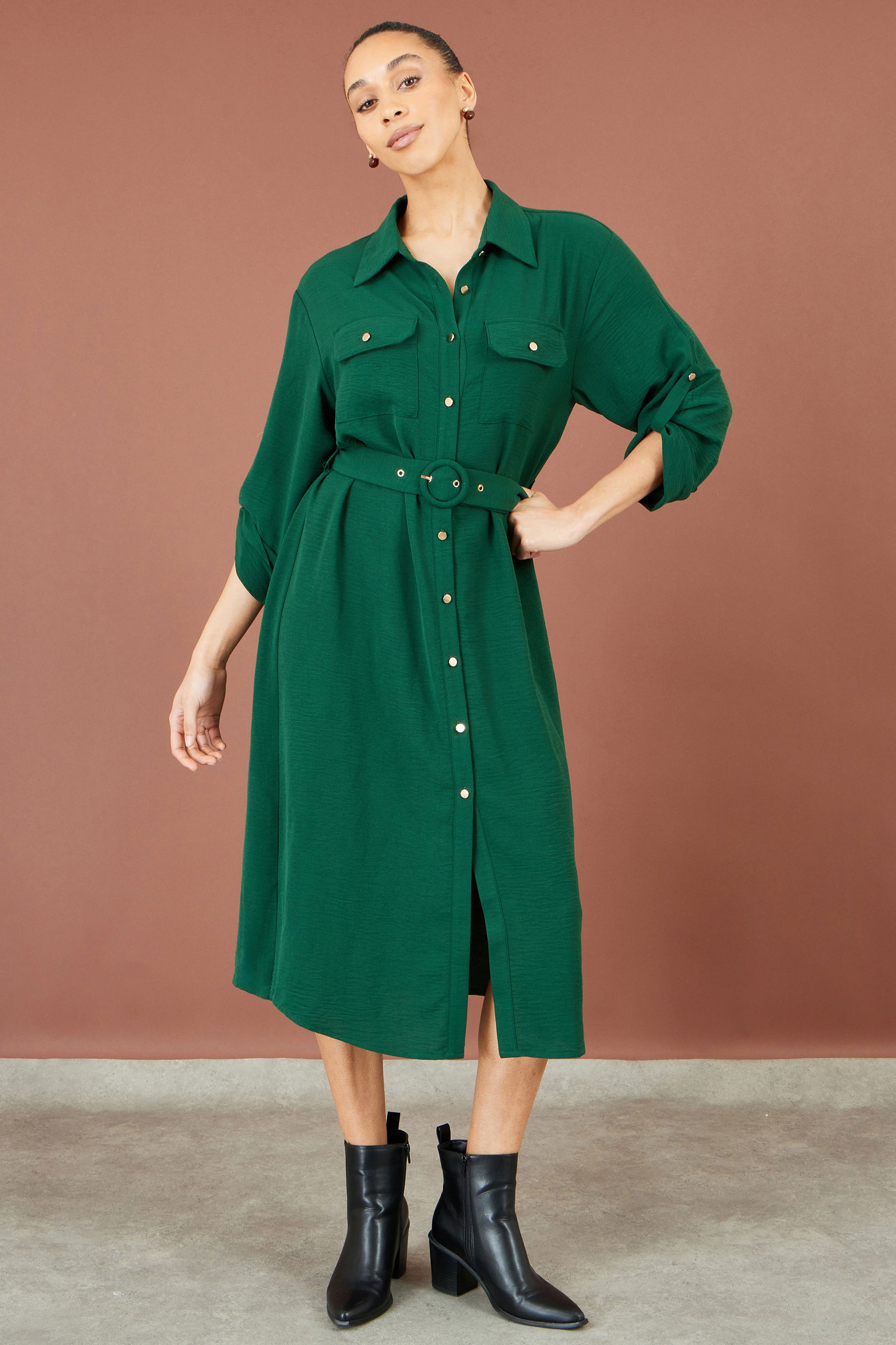 Yumi Green Stretch Midi Shirt Dress Dress Casual Yumi