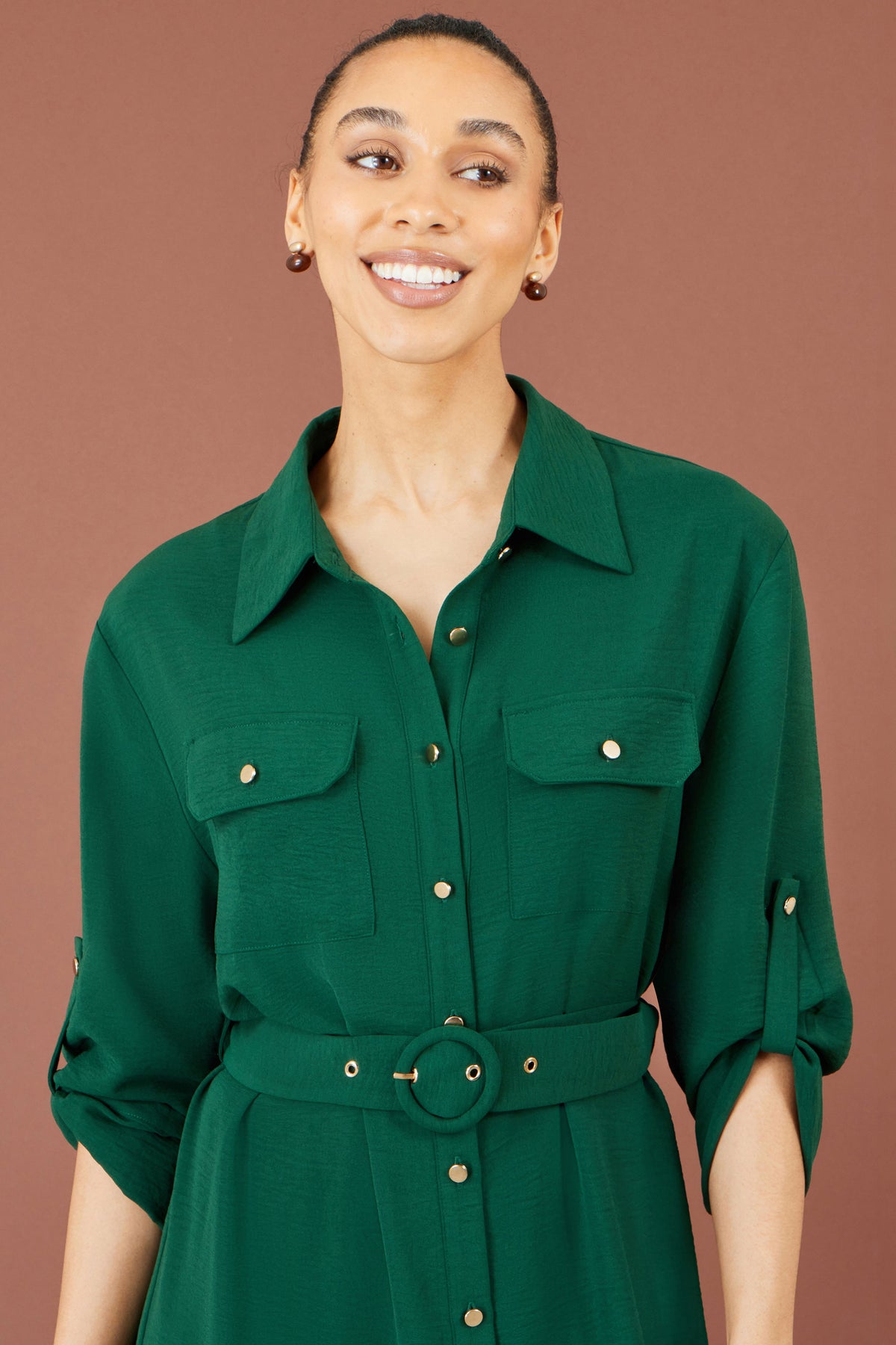 Yumi Green Stretch Midi Shirt Dress Dress Casual Yumi