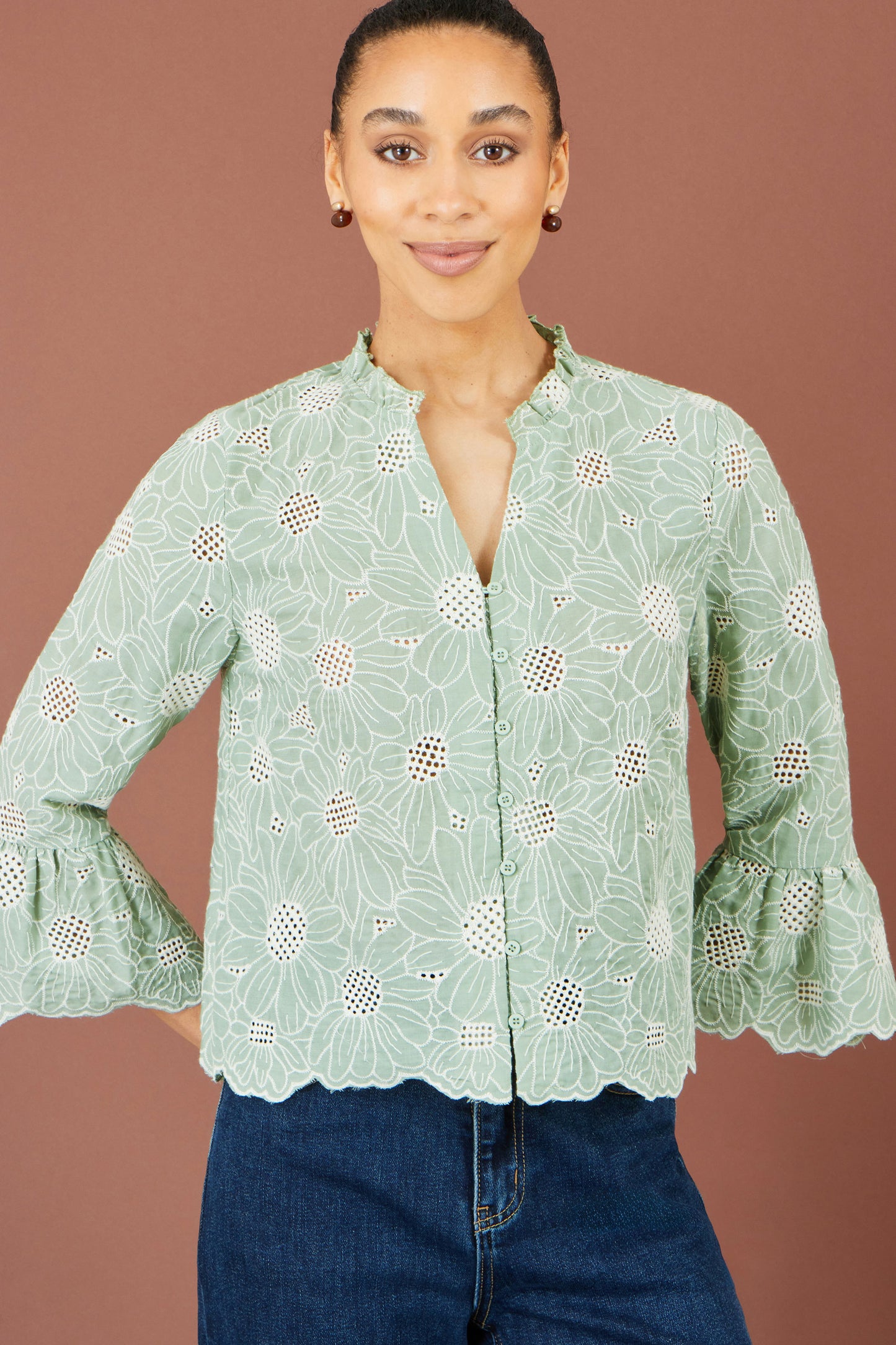 Yumi Green Daisy Broderie Shirt With Fluted Sleeves Tops Yumi