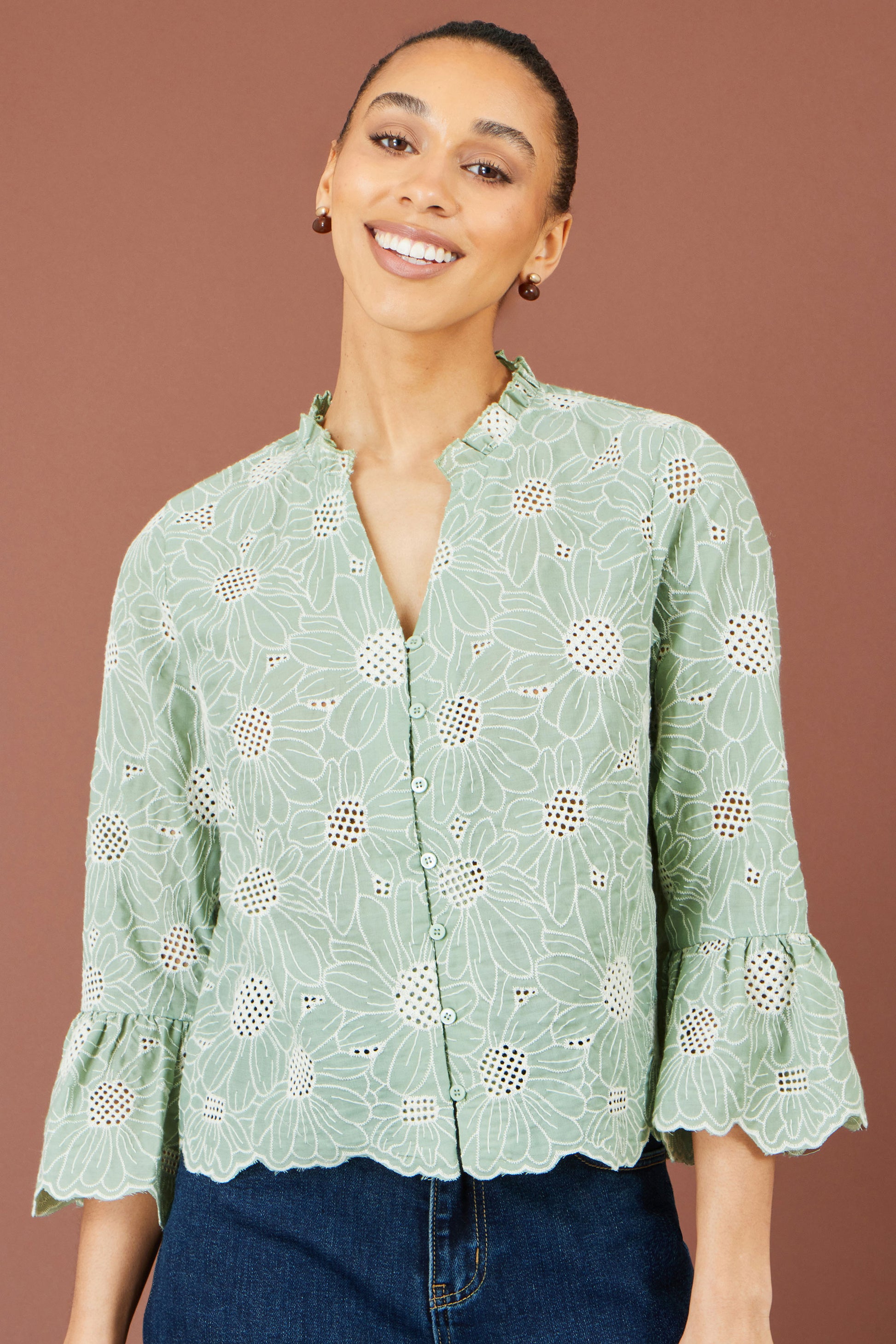 Yumi Green Daisy Broderie Shirt With Fluted Sleeves Tops Yumi