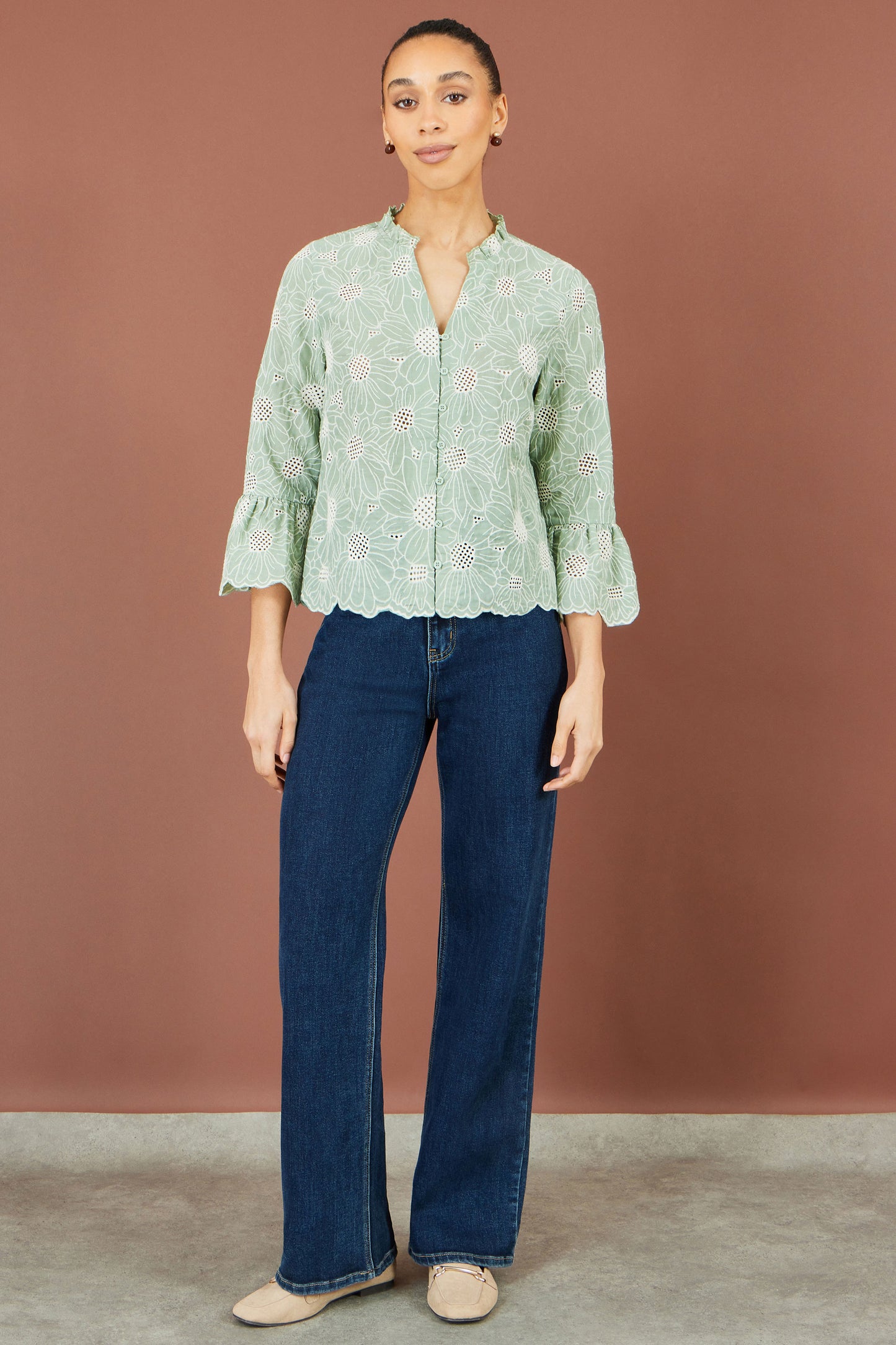 Yumi Green Daisy Broderie Shirt With Fluted Sleeves Tops Yumi