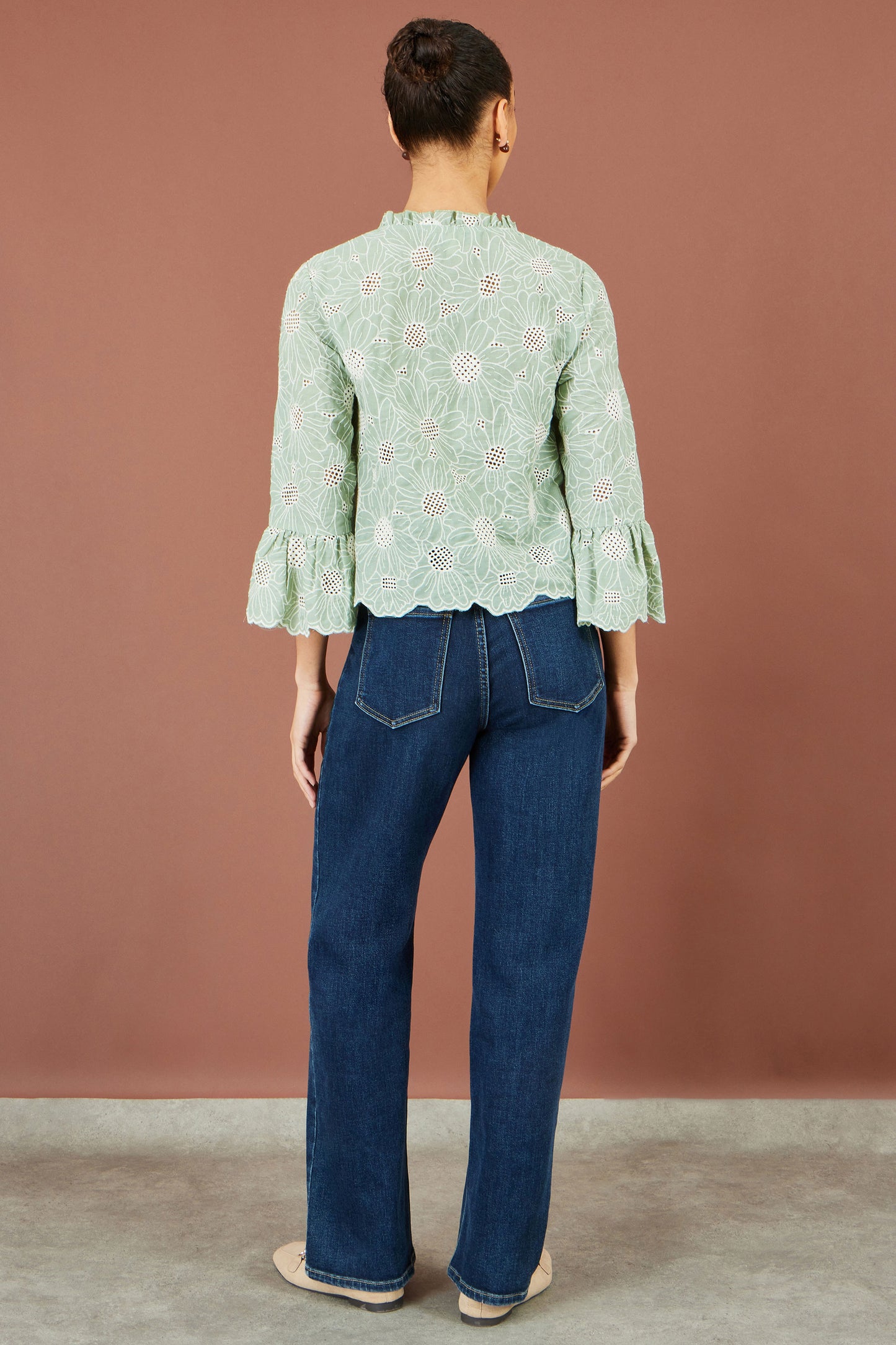 Yumi Green Daisy Broderie Shirt With Fluted Sleeves Tops Yumi