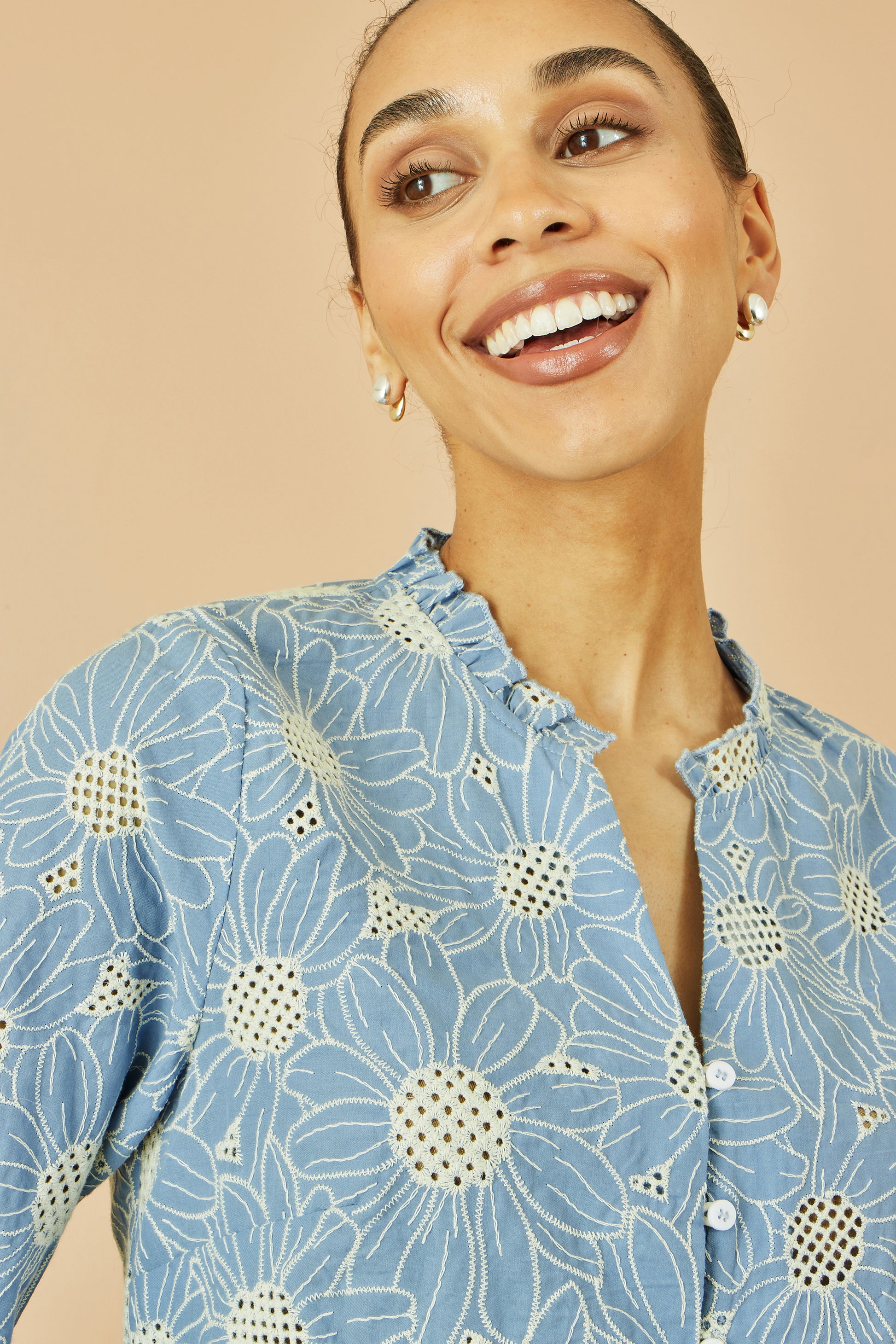 Yumi Blue Daisy Broderie Shirt With Fluted Sleeves Top Yumi