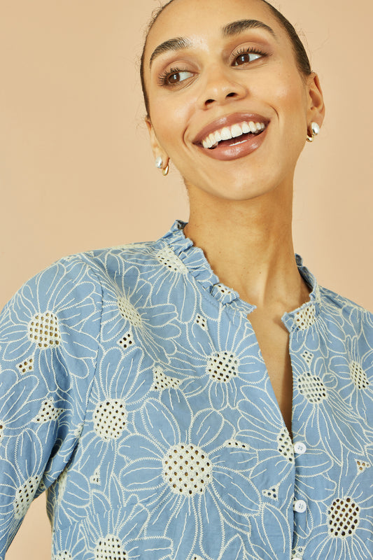 Yumi Blue Daisy Broderie Shirt With Fluted Sleeves Top Yumi