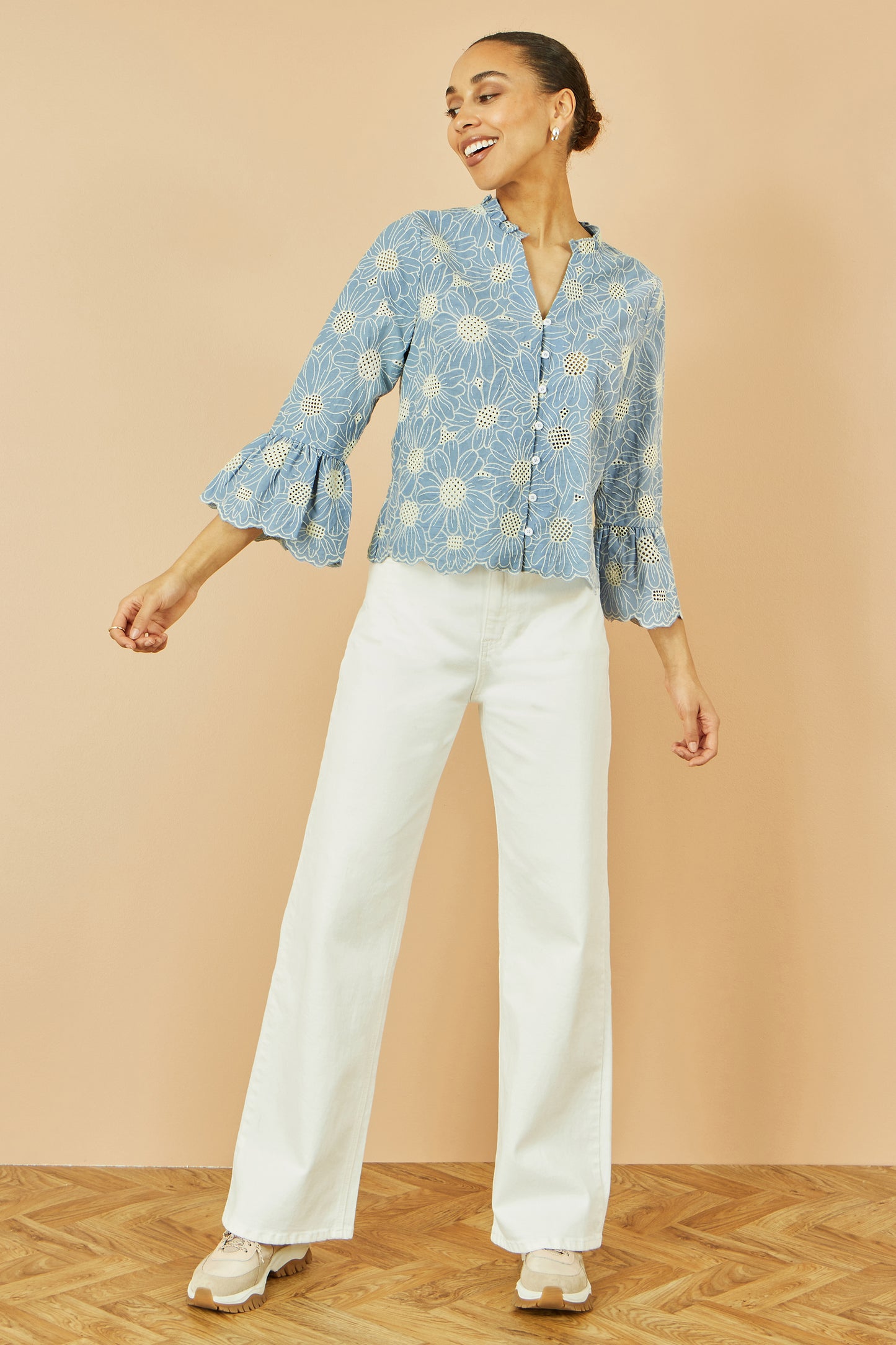Yumi Blue Daisy Broderie Shirt With Fluted Sleeves Top Yumi