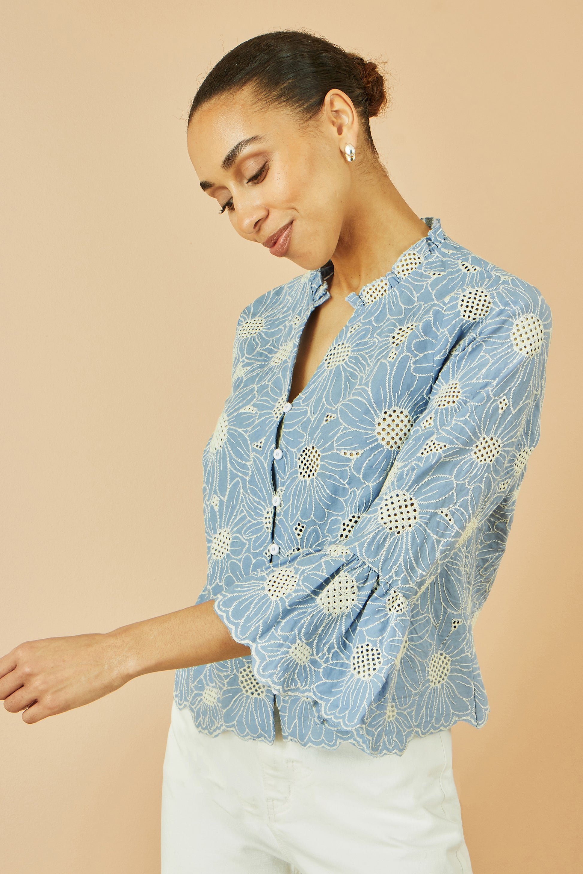 Yumi Blue Daisy Broderie Shirt With Fluted Sleeves Top Yumi
