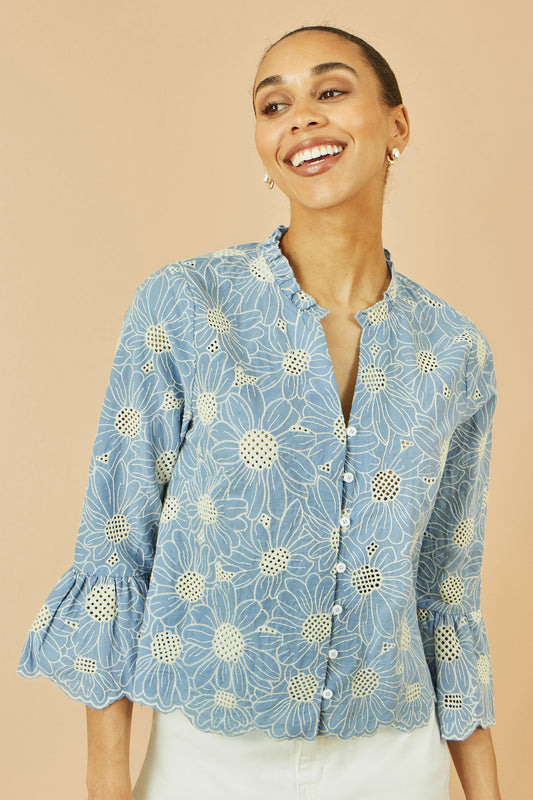 Yumi Blue Daisy Broderie Shirt With Fluted Sleeves Top Yumi
