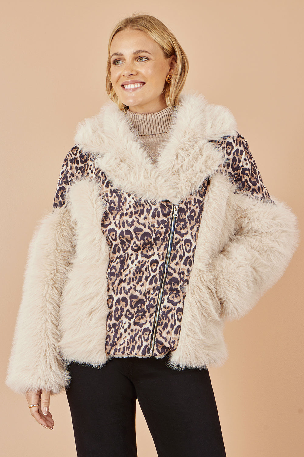 Yumi Cream Fur Biker Jacket With Leopard Print JACKET Yumi