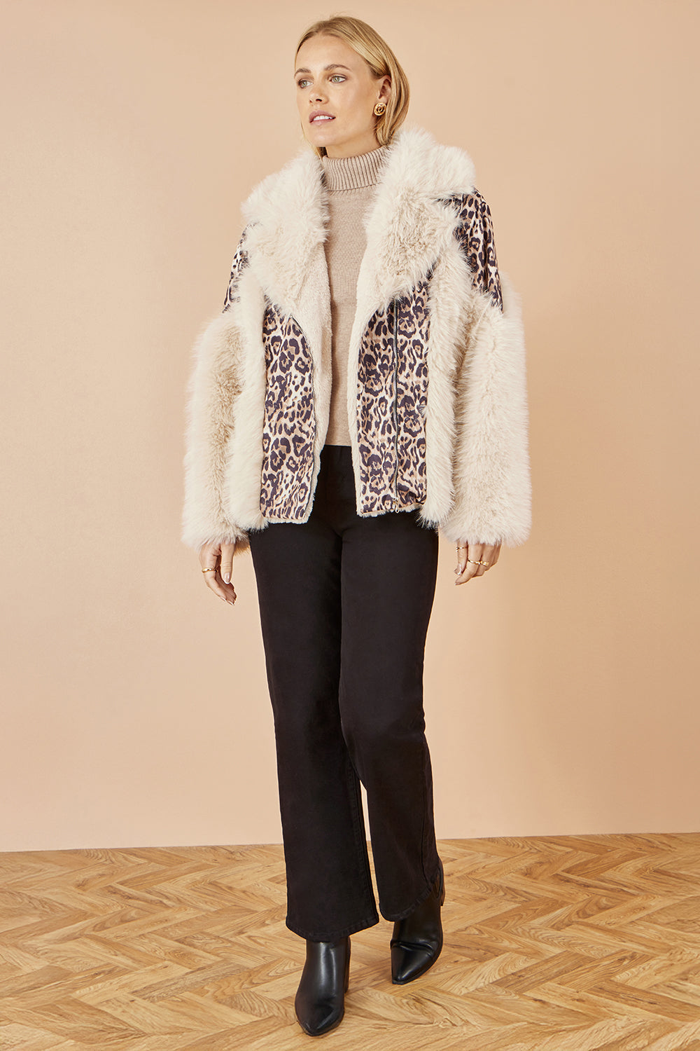 Yumi Cream Fur Biker Jacket With Leopard Print JACKET Yumi