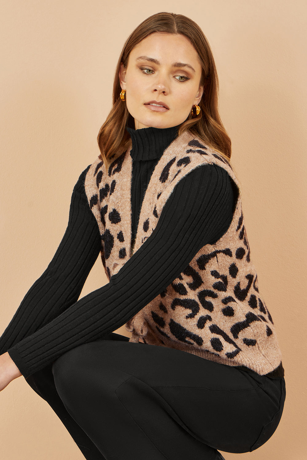 Yumi Beige Animal Print Intarsia Tie Front Waistcoat Knit Pullover Yumi