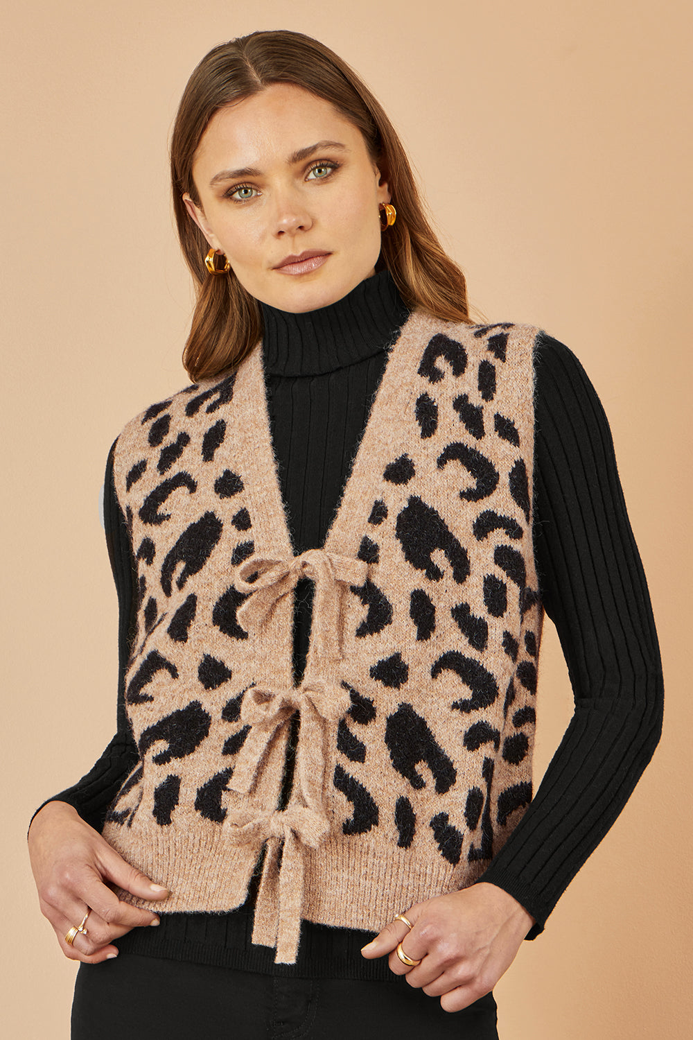 Yumi Beige Animal Print Intarsia Tie Front Waistcoat Knit Pullover Yumi