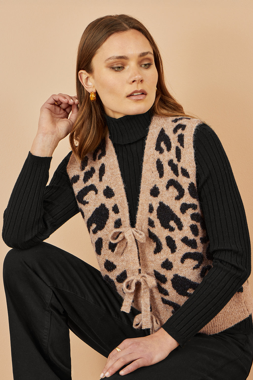 Yumi Beige Animal Print Intarsia Tie Front Waistcoat Knit Pullover Yumi