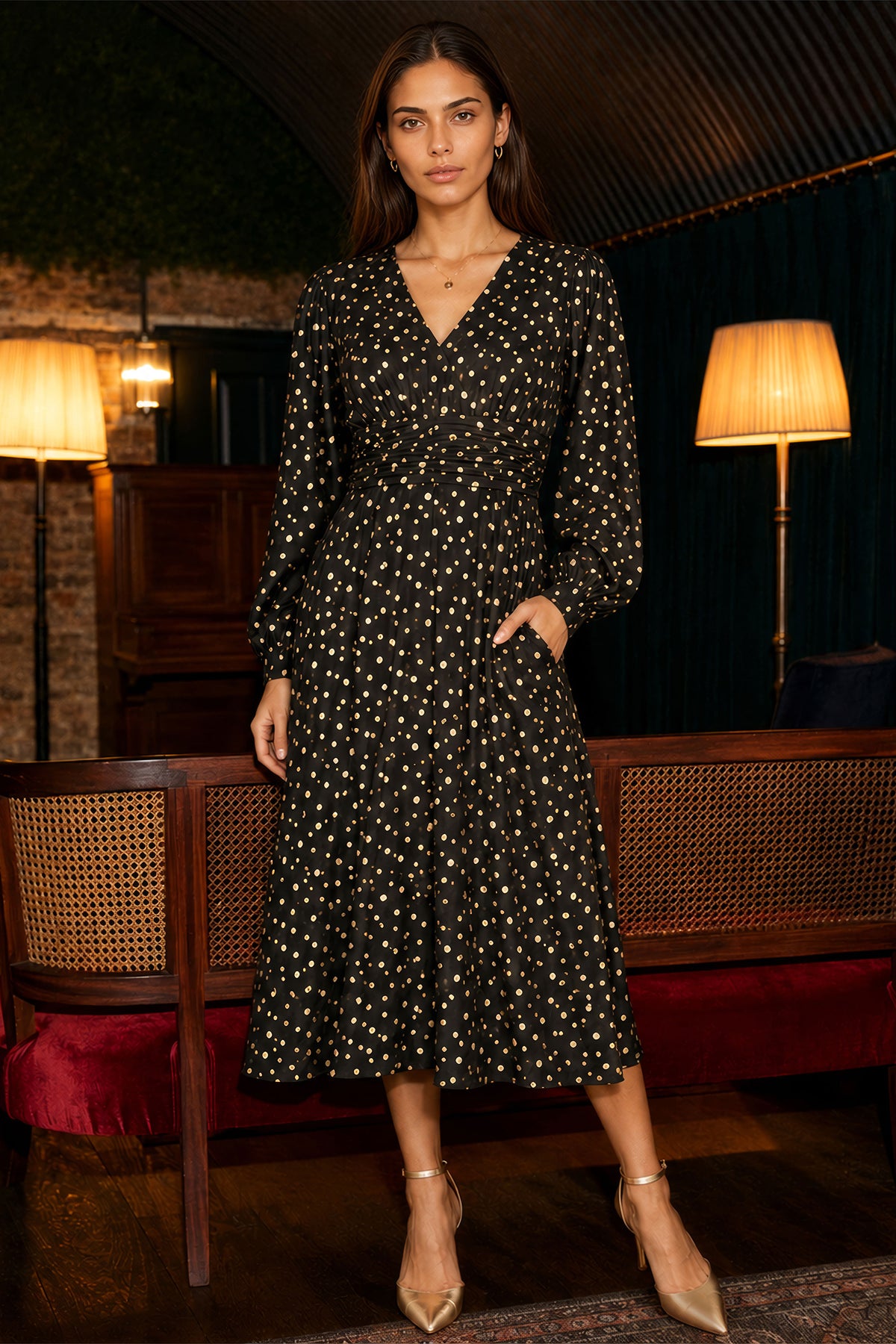 Yumi Black Foil Print Midi Dress Dress Party Yumi