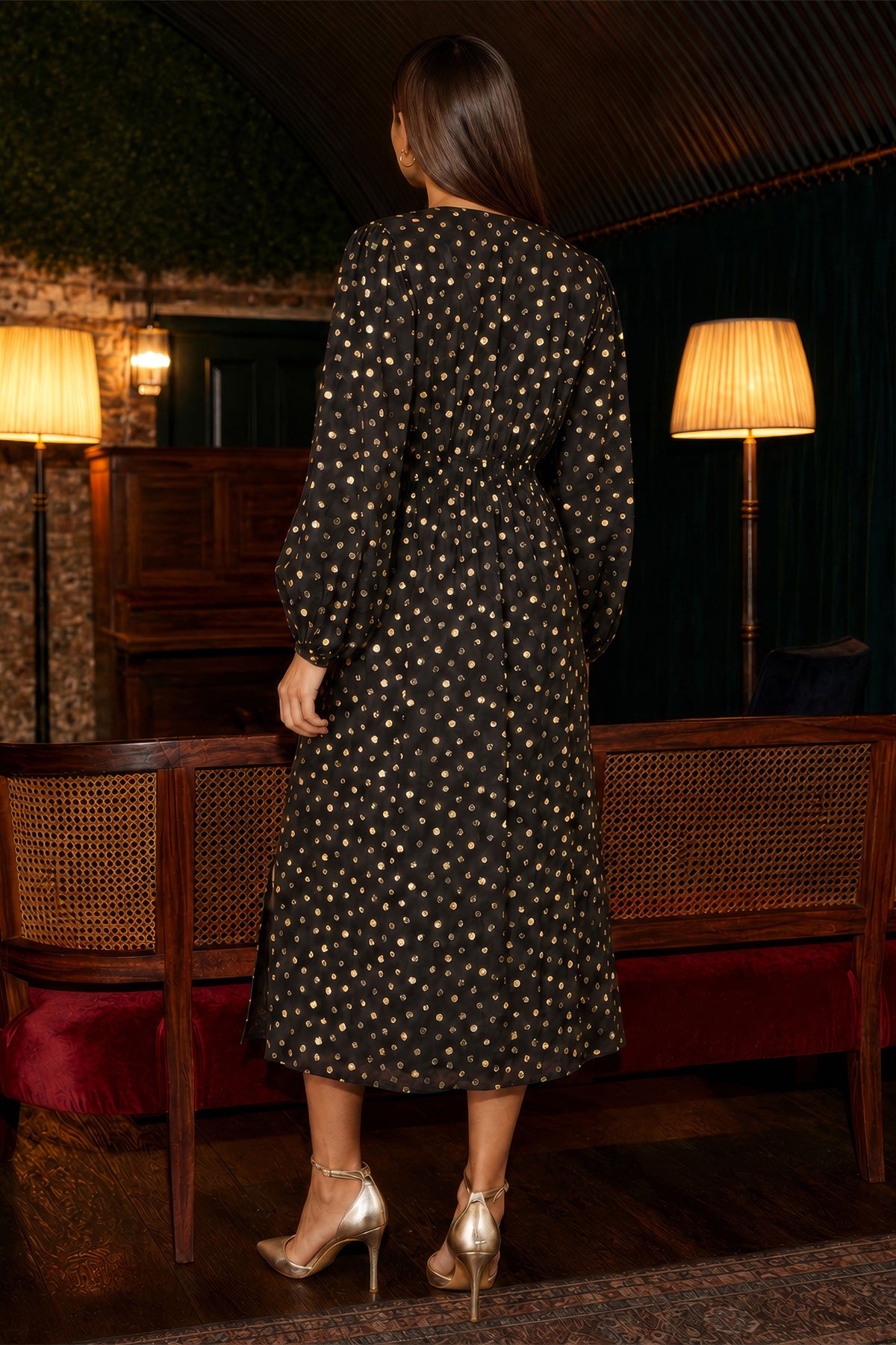 Yumi Black Foil Print Midi Dress Dress Party Yumi