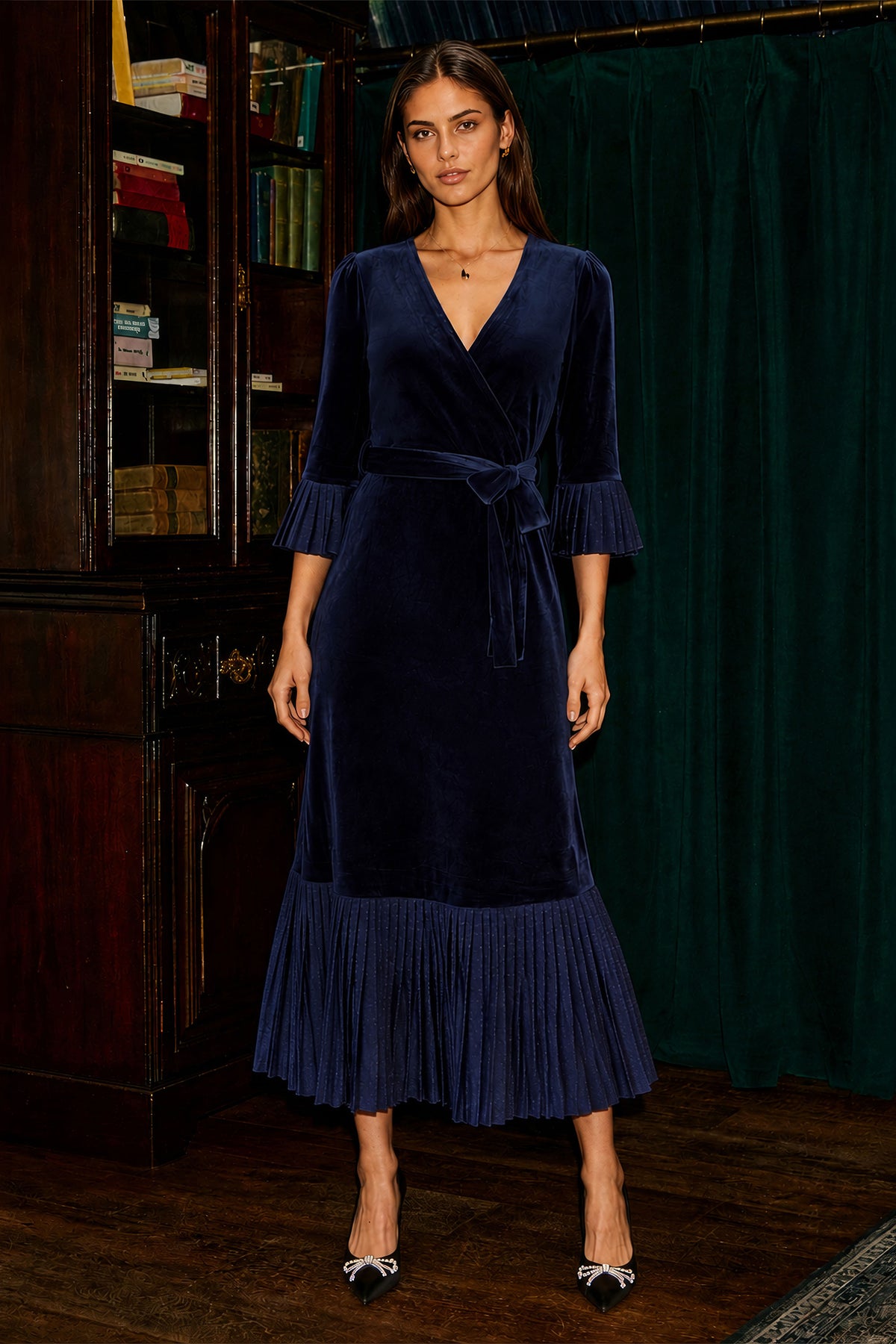 Yumi Navy Velvet Midi Pleat Detail Wrap Dress DRES Party Yumi