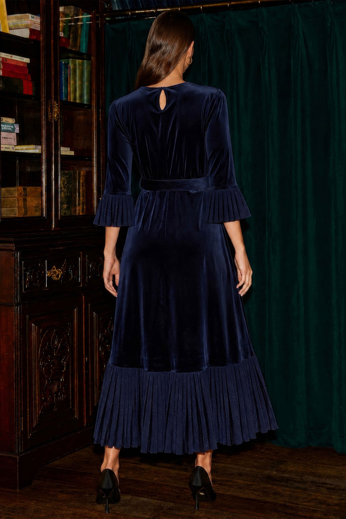Yumi Navy Velvet Midi Pleat Detail Wrap Dress DRES Party Yumi