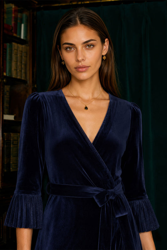 Yumi Navy Velvet Midi Pleat Detail Wrap Dress DRES Party Yumi