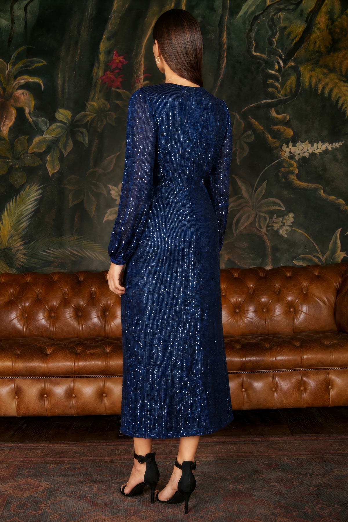 Yumi Navy Sequin Long Sleeve Midi Dress Dress Party Yumi