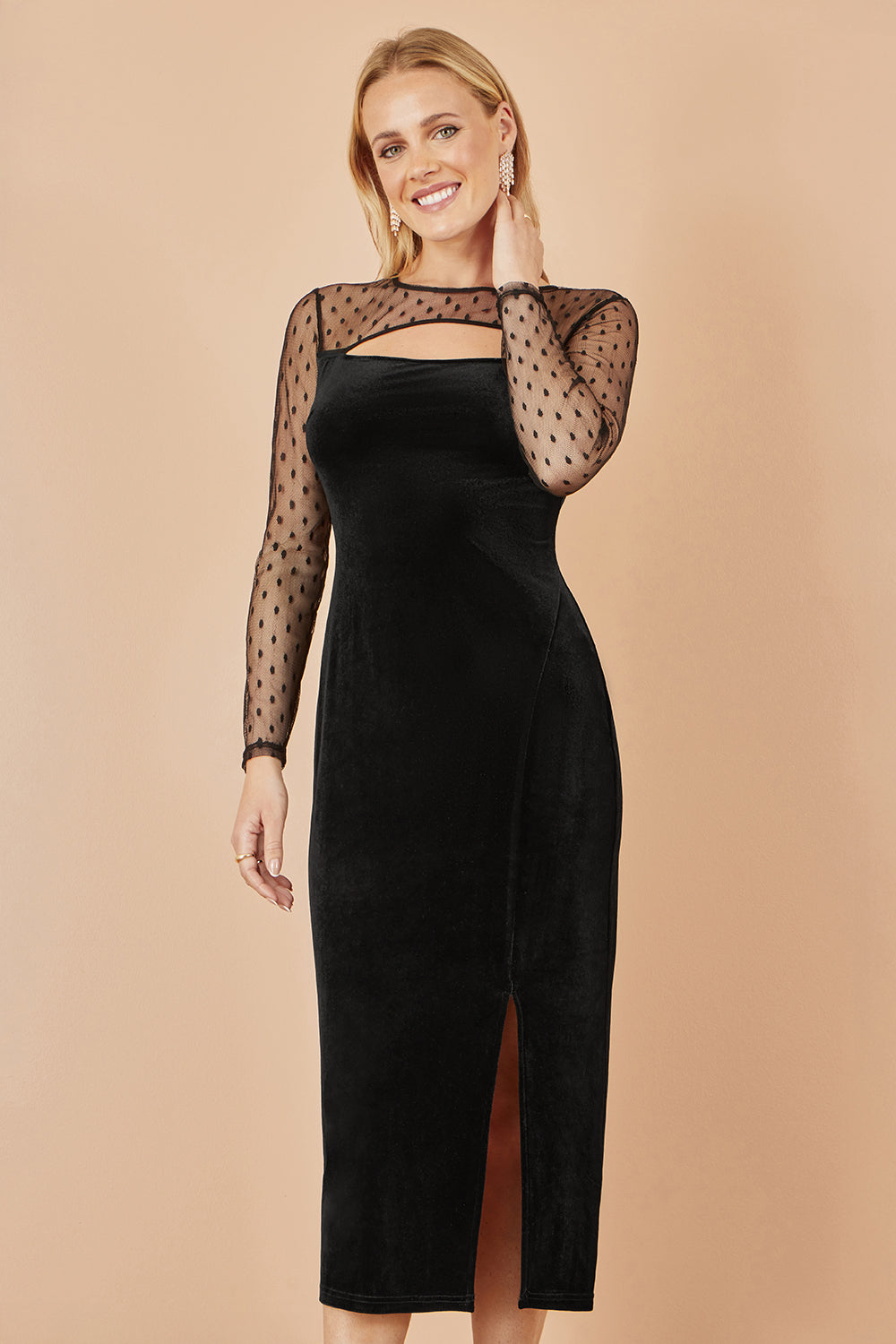 Yumi Black Velvet Midi Dress With Slash Neckline and Sheer Sleeves Dress Party Yumi