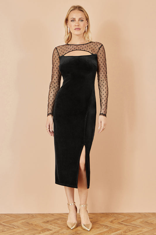 Yumi Black Velvet Midi Dress With Slash Neckline and Sheer Sleeves Dress Party Yumi